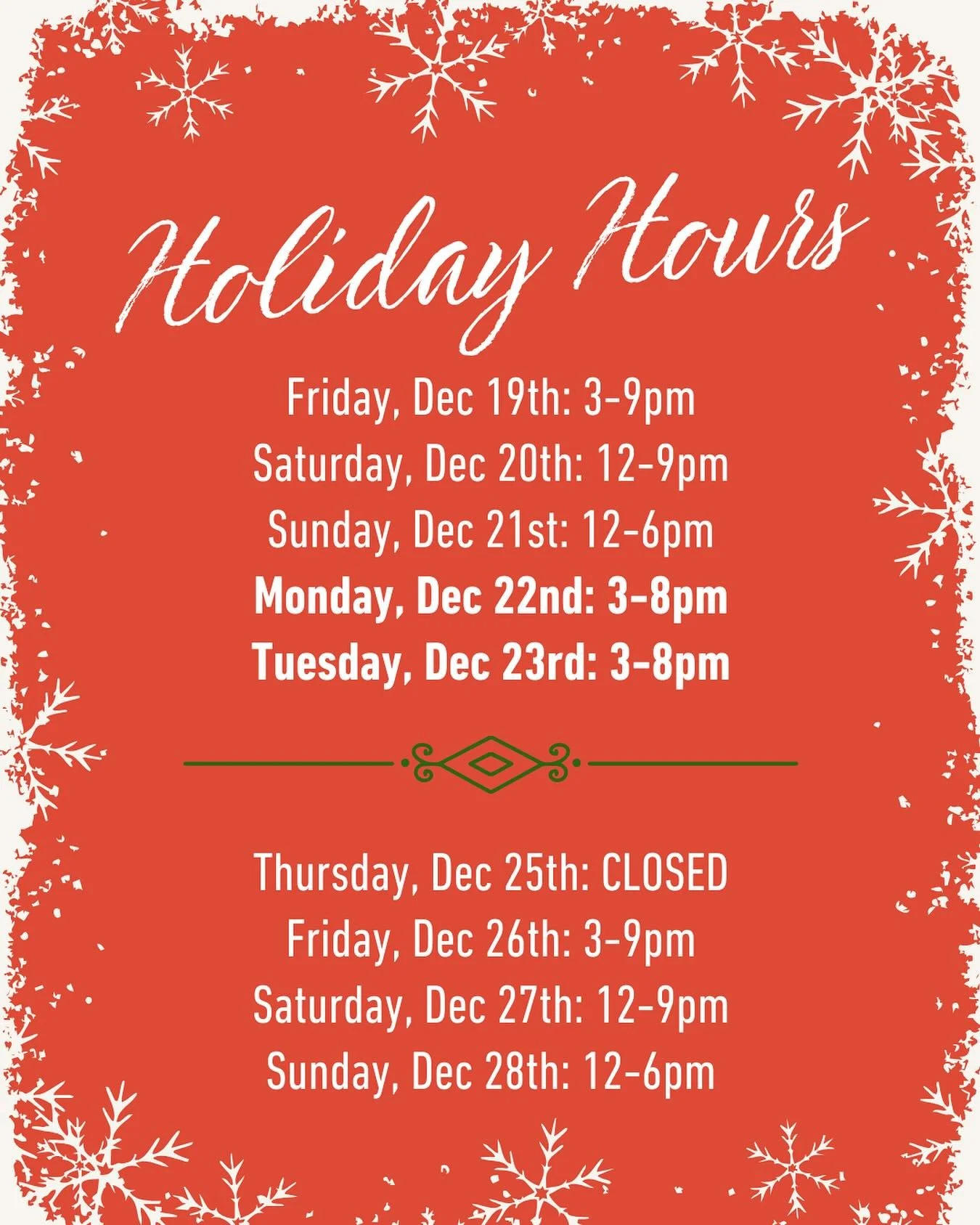 Holiday Hours!

Surprise! We will be open Monday and Tuesday from 3-8pm

This is your chance to grab your last minute gifts and Christmas crowlers or just hang and have a pint with us!