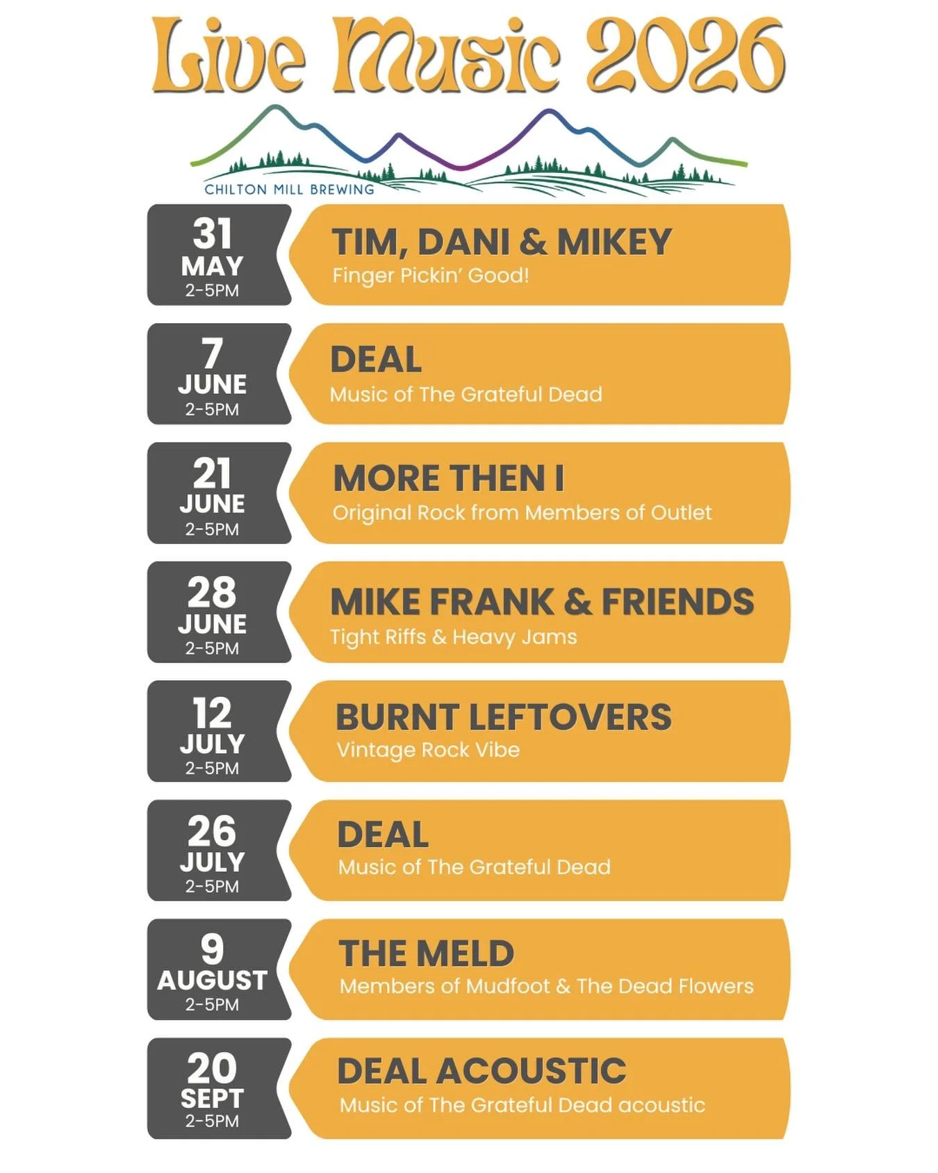 We&rsquo;ve got an awesome Live Music Schedule for you guys this Summer for our Sunday Brews &amp; Tunes series! 

Great new artists, as well as some CMB classics are coming out to rock the stage while you enjoy some ice cold beers! 🍻