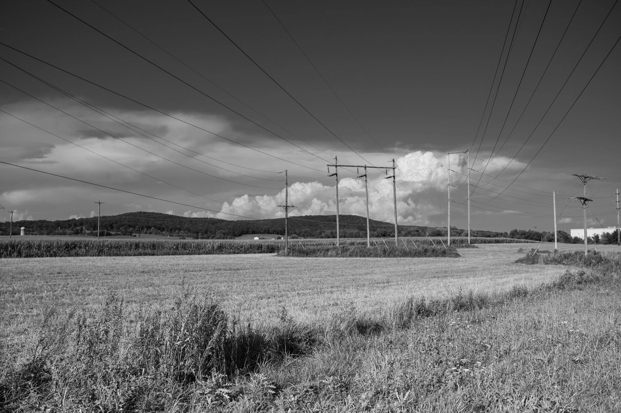 Black and white rural landscape with power lines, fields, and distant hills. Electrical poles span across the scene. Cloudy sky in the background.