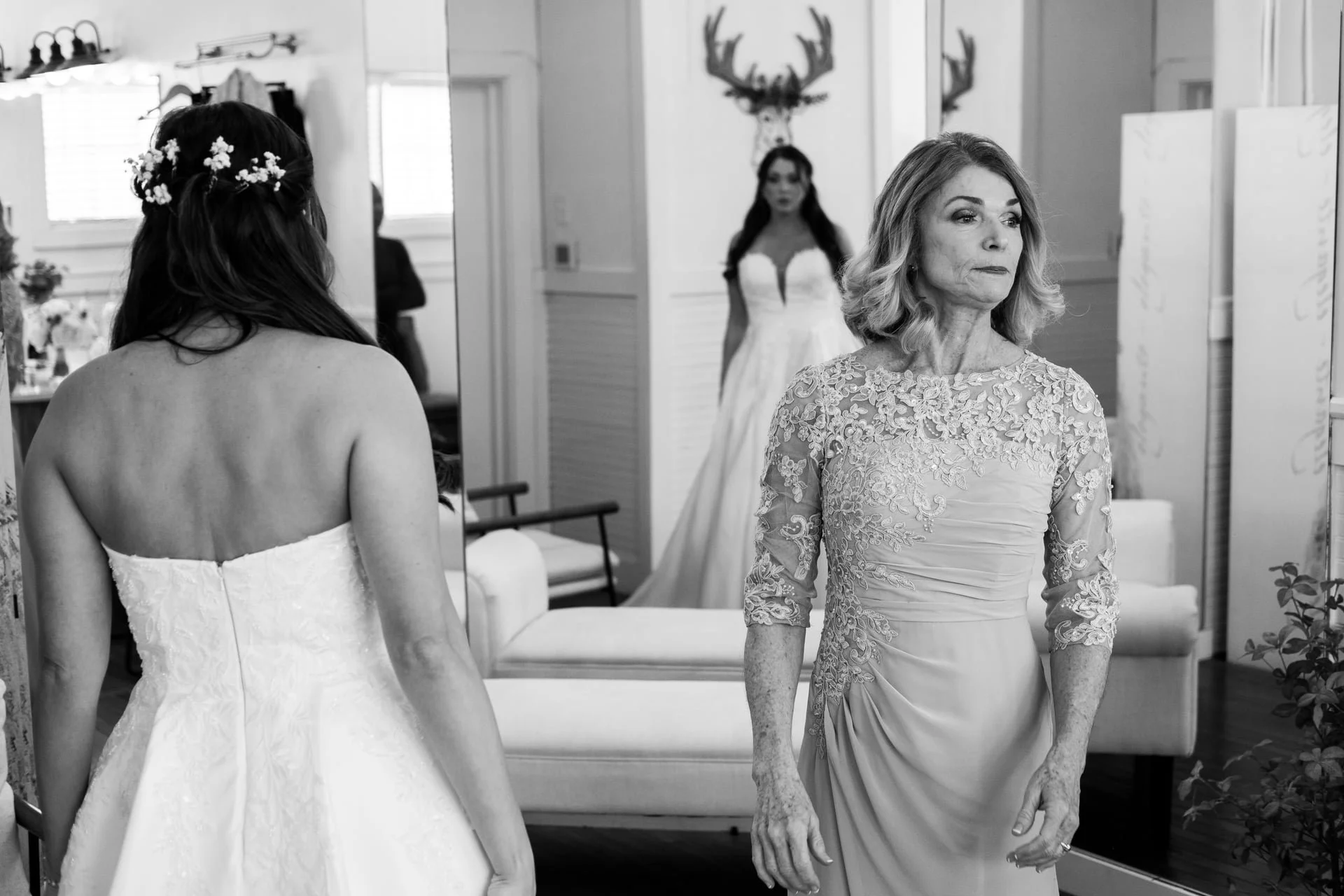 bride and her mother in the dressing room at Founders Dairy Barn in South Carolina