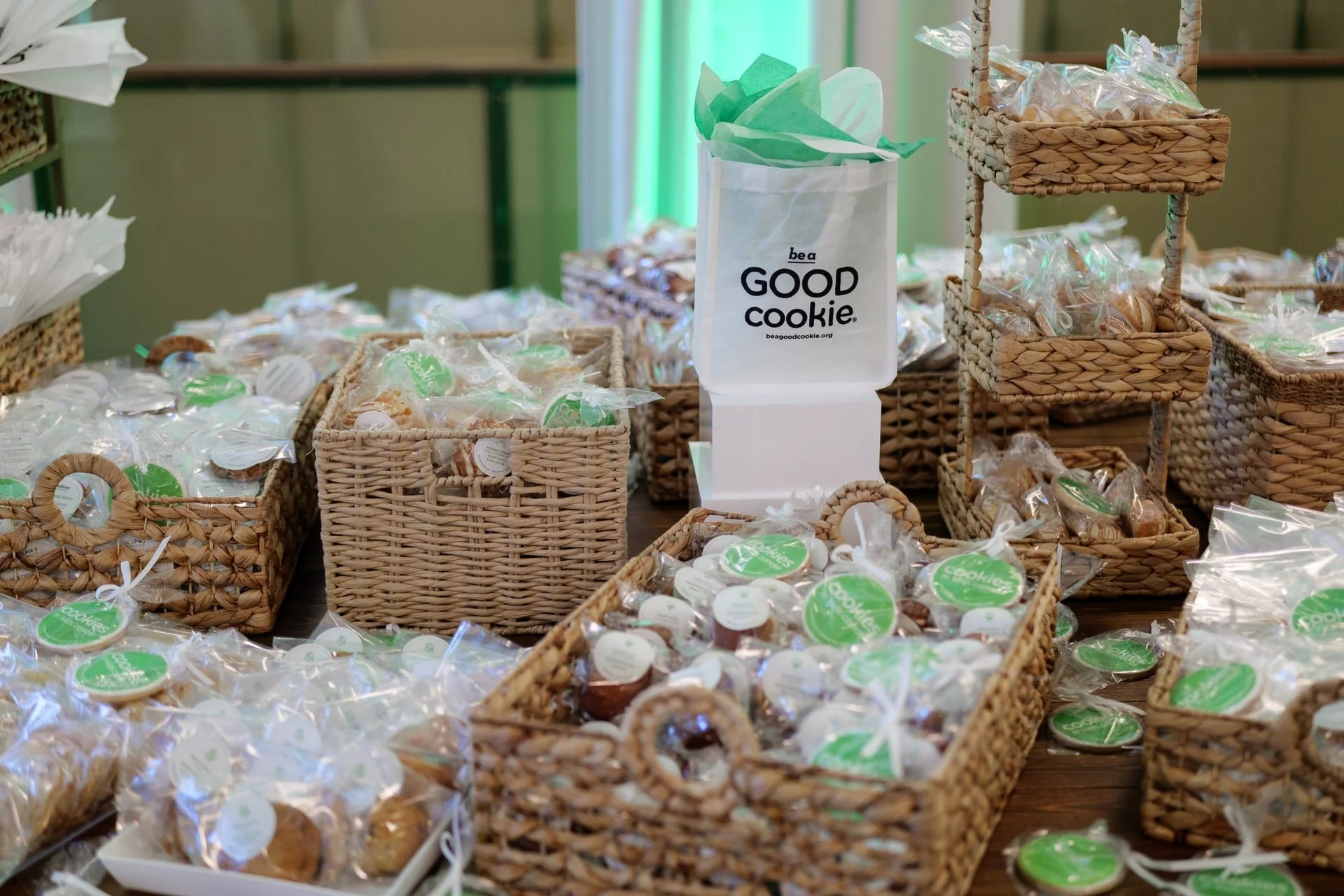 multiple baskets of various cookies at the Cookies For Kids Cancer event.