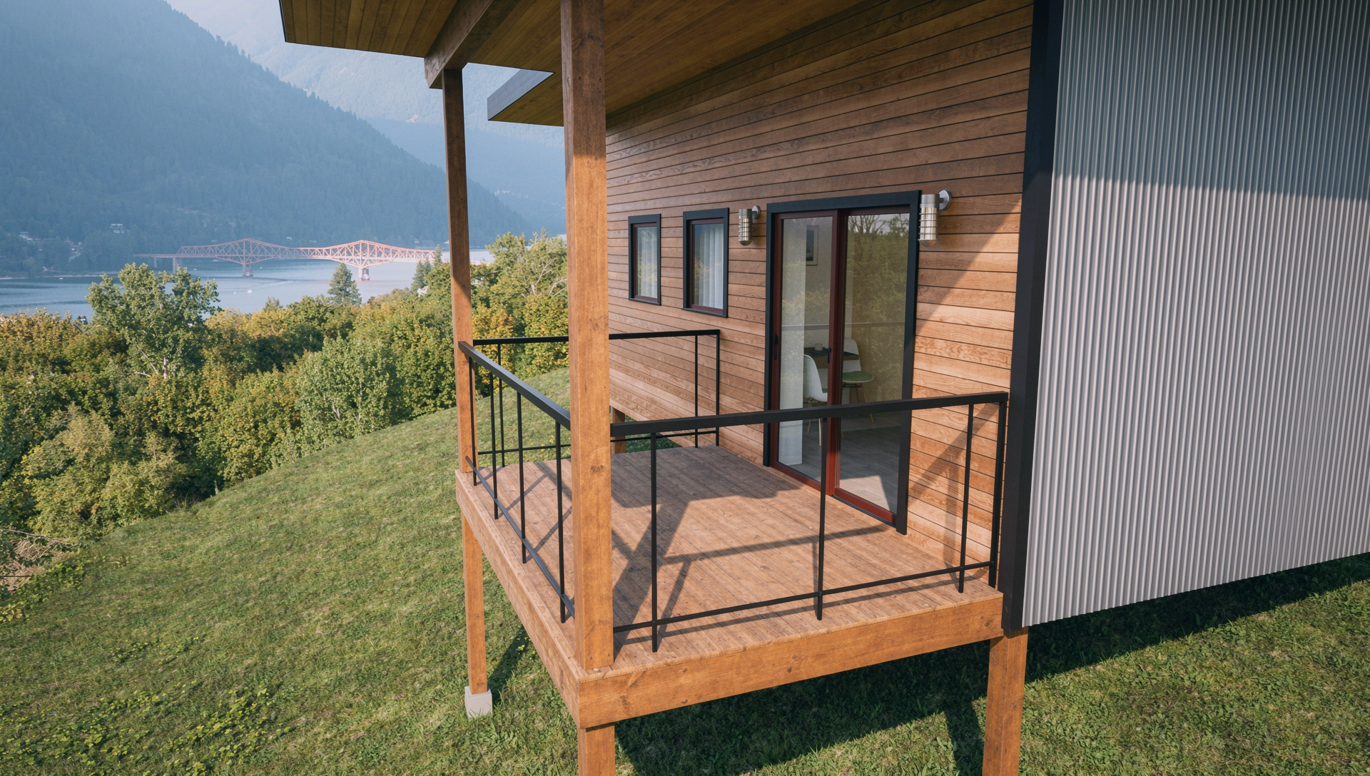 A rendering from the deck of the Pica laneway home design with a view towards Nelson's big orange bridge.