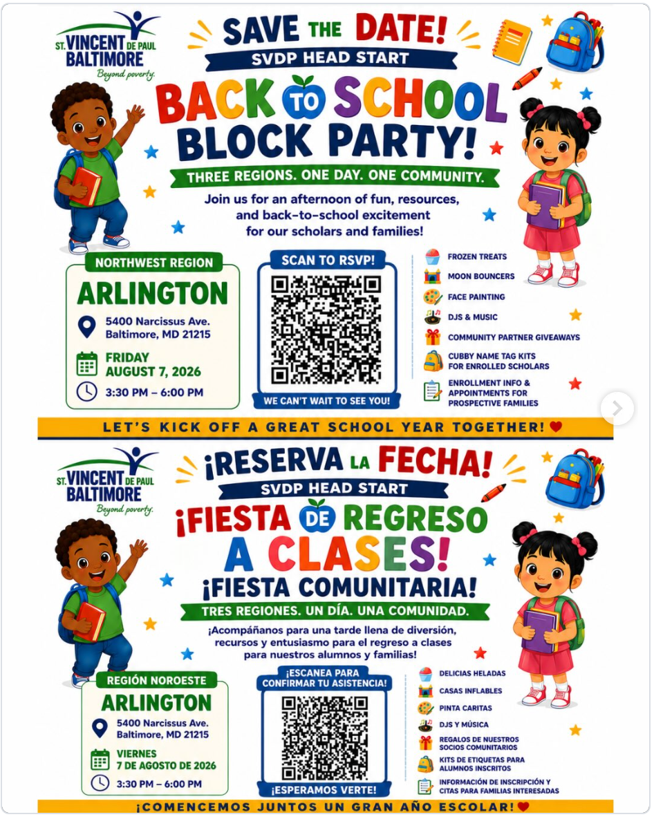 St Vincent de Paul Baltimore SVDP Head Start Back to School Block Party flyer for Arlington on August 7 2026 with family resources treats moon bouncers face painting music and enrollment information