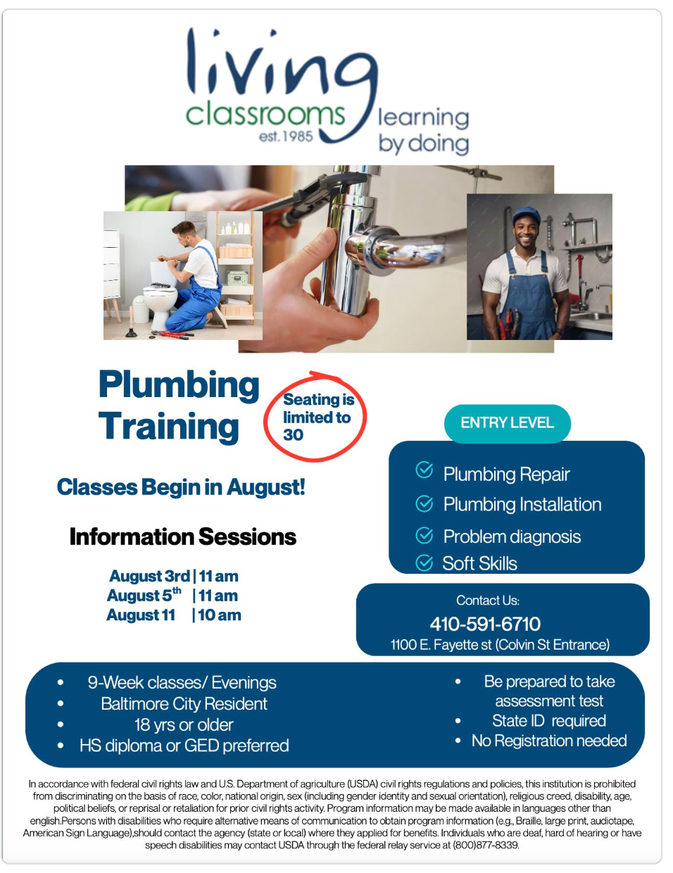 Living Classrooms plumbing training flyer for Baltimore City residents with entry level plumbing repair installation problem diagnosis and soft skills sessions at 1100 East Fayette Street
