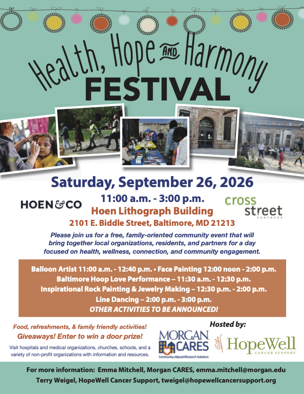 Health Hope and Harmony Festival flyer for a Baltimore family wellness event on September 26 2026 at Hoen Lithograph Building with activities giveaways refreshments and community resources