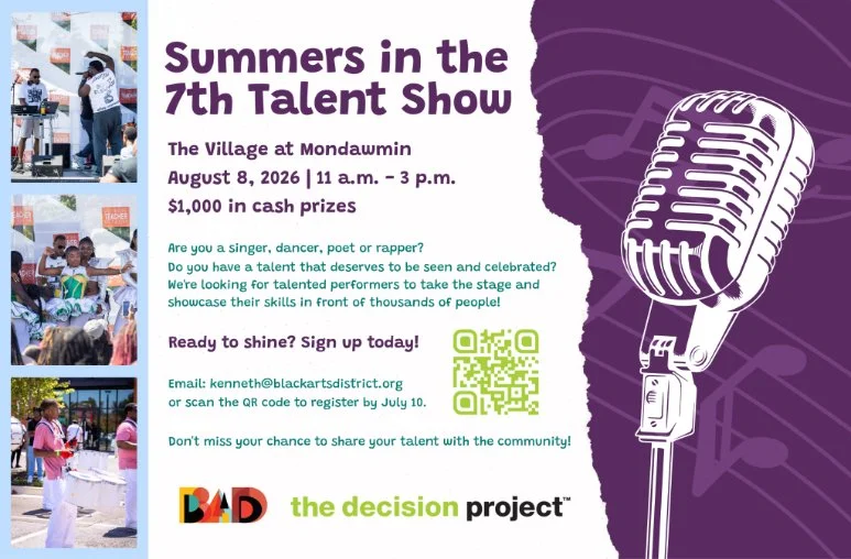 Summers in the 7th Talent Show flyer inviting Baltimore performers to register for a community showcase at The Village at Mondawmin