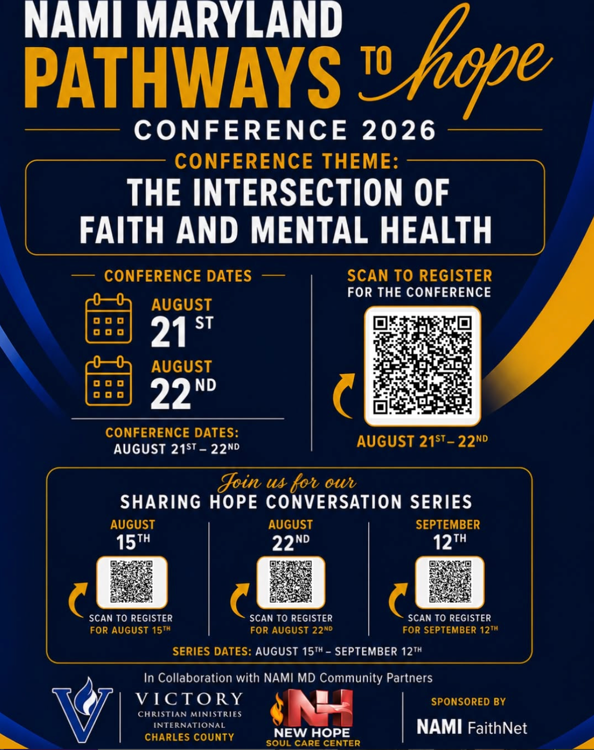 NAMI Maryland Pathways to Hope Conference 2026 flyer for August 21 and 22 with the theme intersection of faith and mental health and Sharing Hope Conversation Series dates