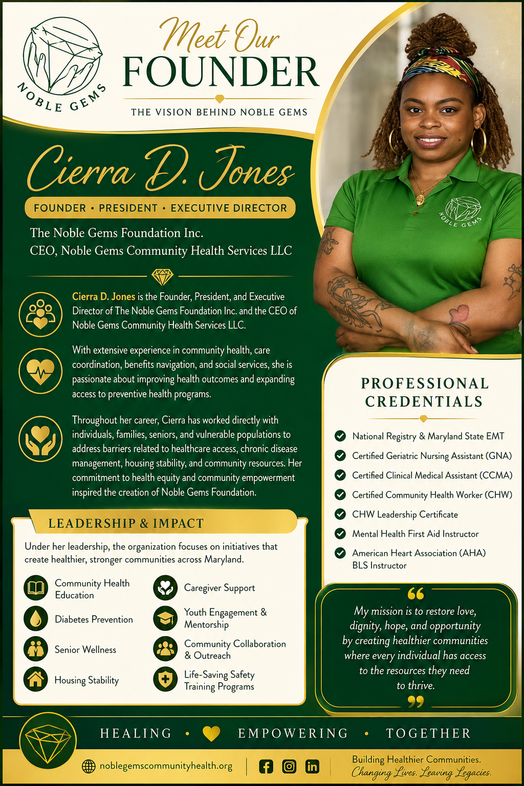 Founder profile graphic for Cierra D Jones of Noble Gems Foundation and Noble Gems Community Health Services highlighting community health education senior wellness caregiver support and health equity work in Maryland