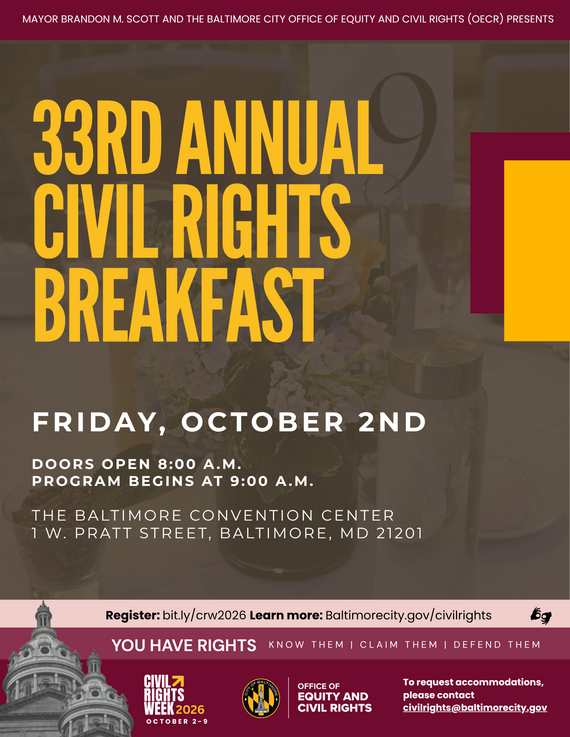 Flyer for the 33rd Annual Civil Rights Breakfast, Friday, October 2, 2026, at the Baltimore Convention Center. Doors open at 8 a.m.; program begins at 9 a.m. Register at bit.ly/crw2026.