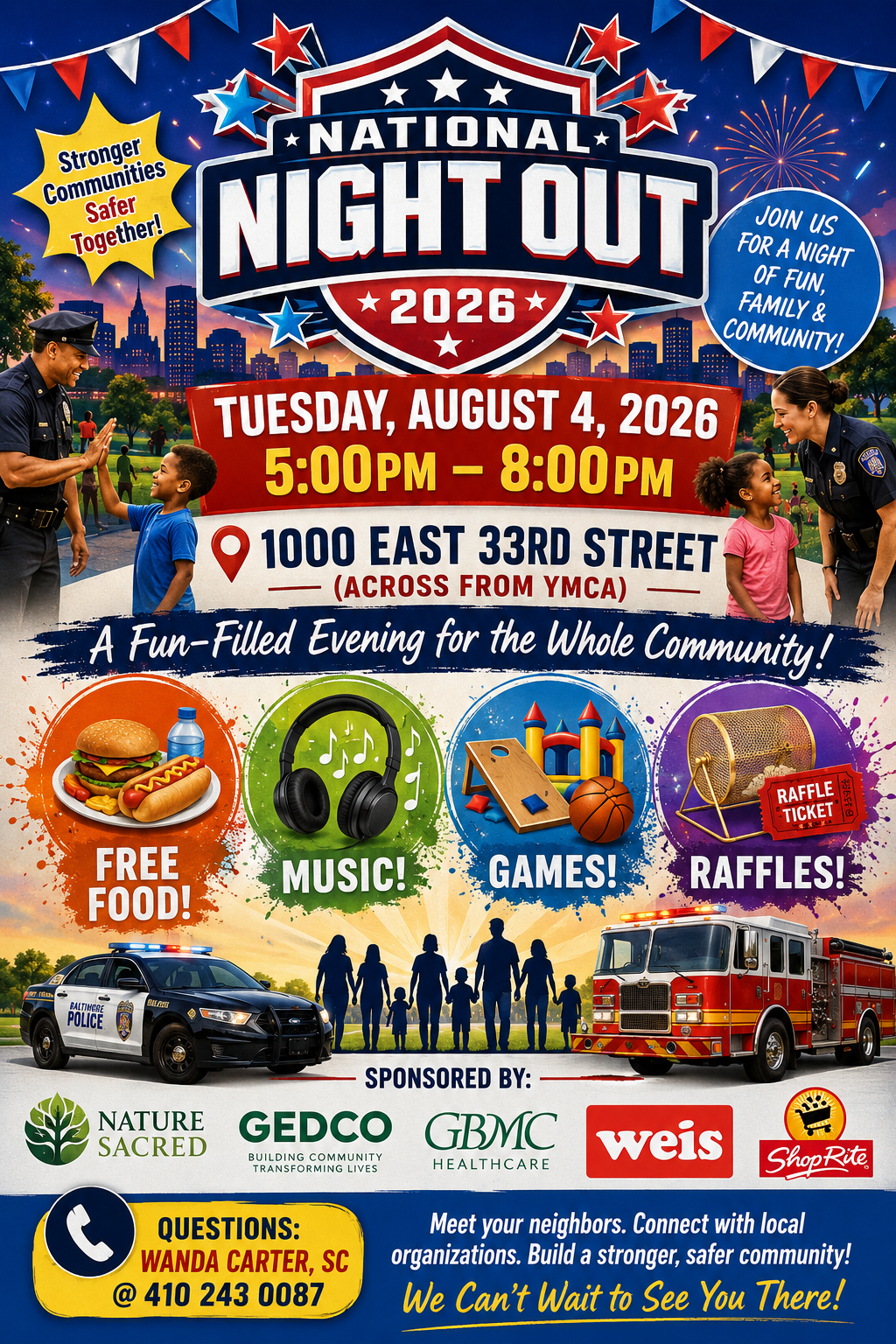 National Night Out 2026 Baltimore flyer for a free family community event on August 4 at 1000 East 33rd Street with food music games raffles police fire and community partners