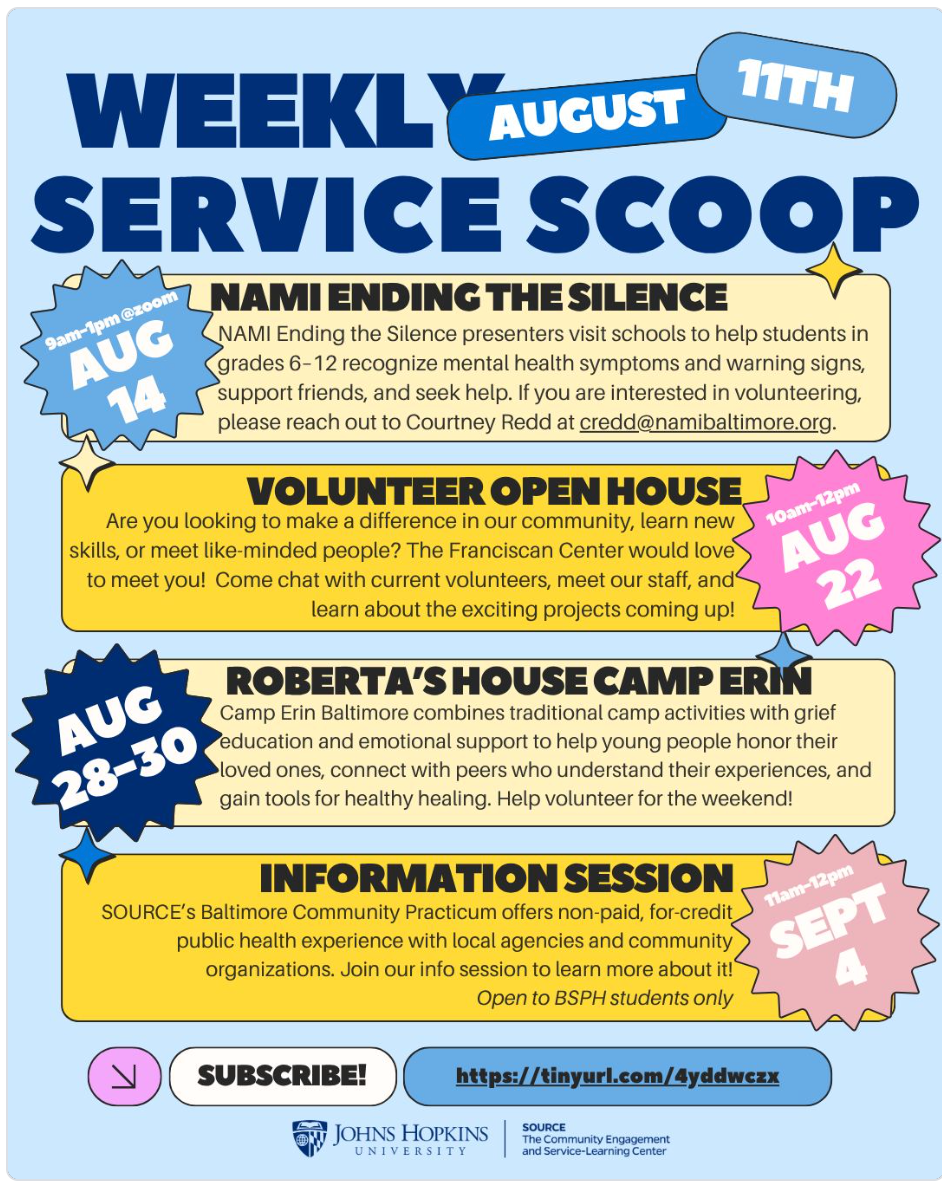 SOURCE Weekly Service Scoop flyer for August 11 featuring NAMI Ending the Silence Franciscan Center volunteer open house Roberta's House Camp Erin and Baltimore Community Practicum