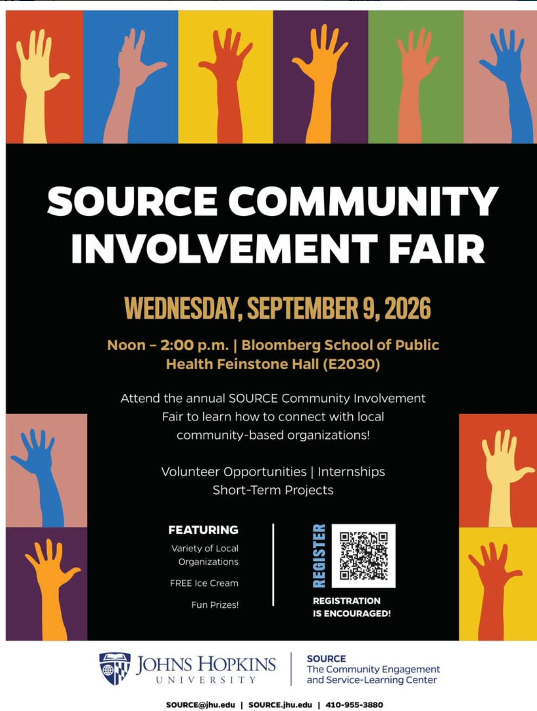 SOURCE Community Involvement Fair flyer for September 9 2026 at Johns Hopkins Bloomberg School of Public Health featuring volunteer opportunities internships short term projects local organizations ice cream and prizes
