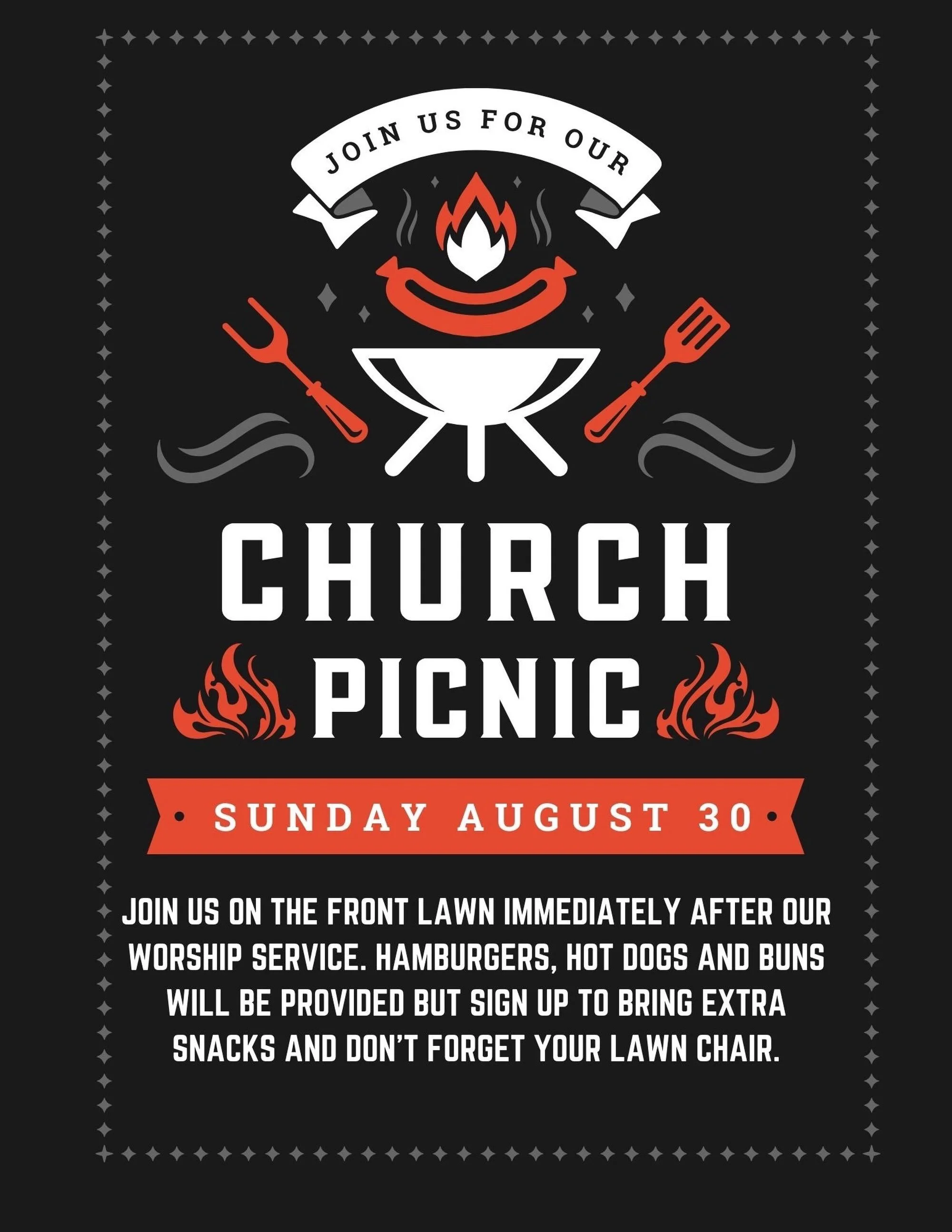 Hey WCFG fam!! 🧡 Join us for our Annual Church Picnic this Sunday right after our worship service on our front lawn! 

🍔Burgers, hot dogs and buns will be provided but please bring a side dish like like chips, veggies, salad, fruit, or desert. And 