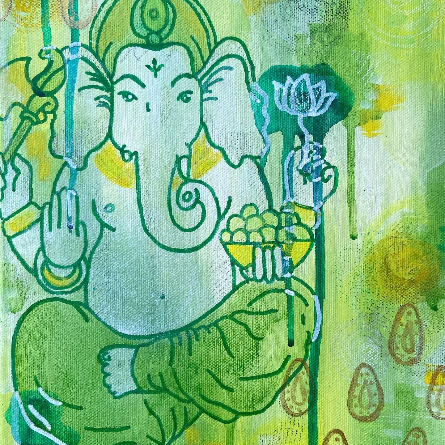 Can finally post this project! Painted a mini Ganesh (in the colors of the solar plexus/heart chakras) for a friend- It&rsquo;s always hard to let my work go and this was no different. The colors are so beautiful!

#sandiegoart #sandiegoartist #sandi