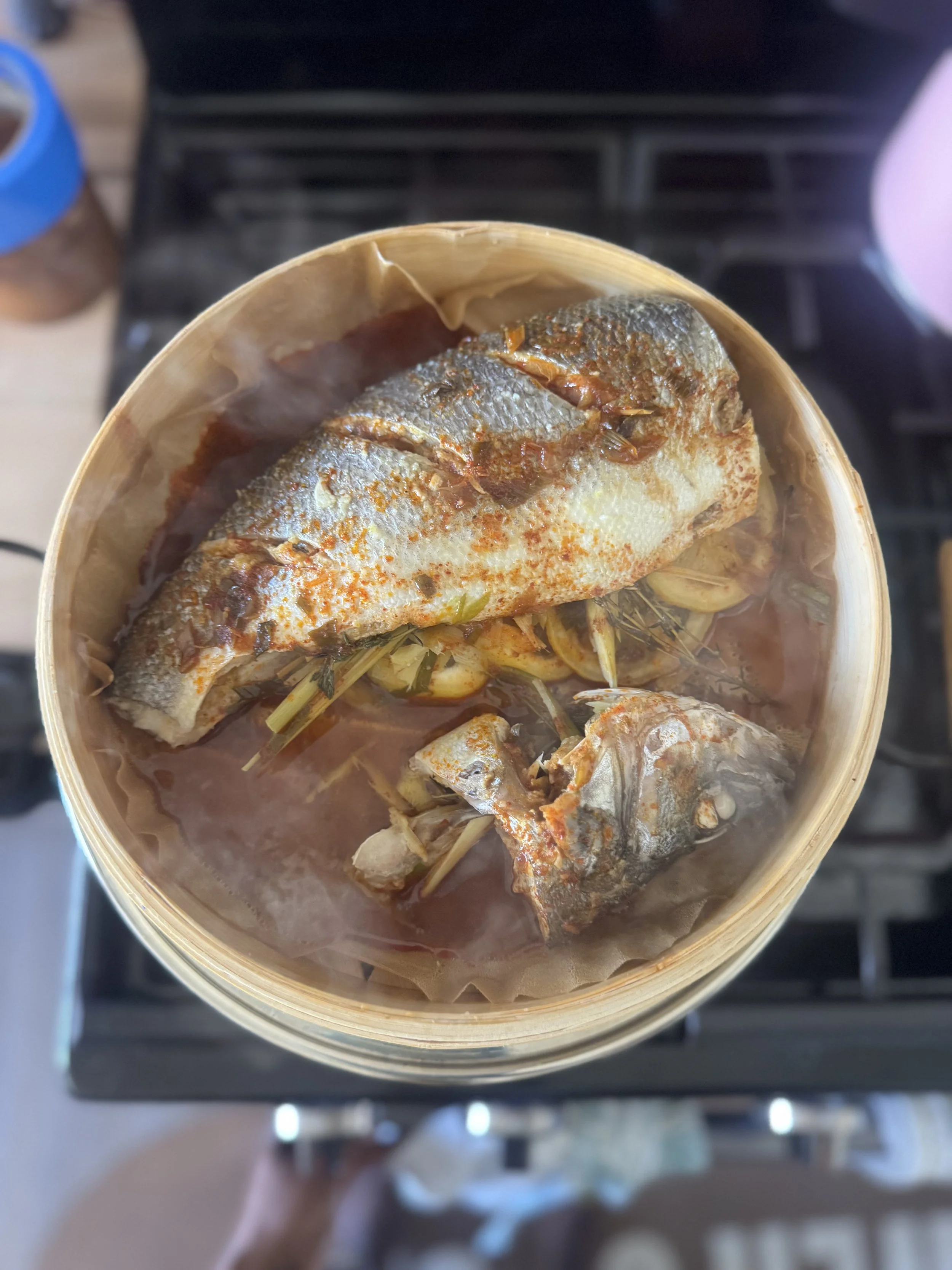 Steamed branzino with tamarind shito glaze