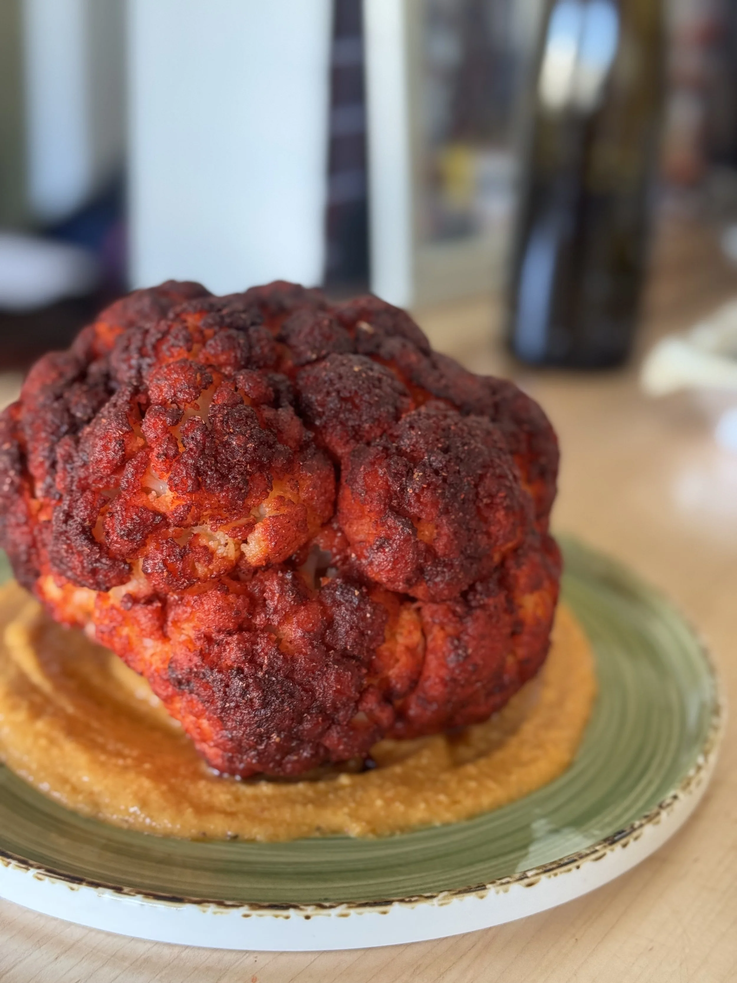 Tandoori Roasted Whole Cauliflower with Red Pepper Hummus