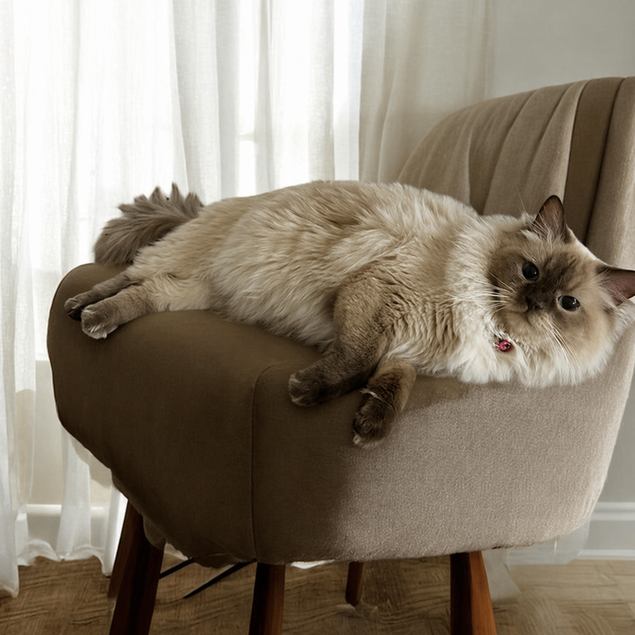 A chocolate colorpoint ragdoll relaxed in a chair