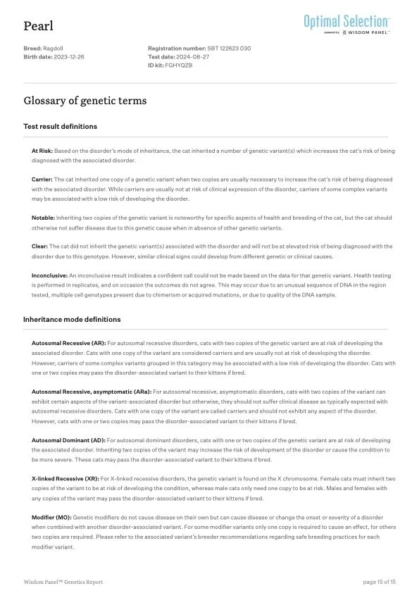 Genetics report page with information on genetic terms and inheritance modes for a Ragdoll cat named Pearl, including definitions for terms like At Risk, Carrier, Notable, Clear, Inconclusive, and inheritance types such as Autosomal Recessive, Autoso