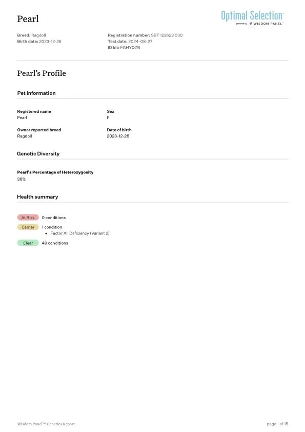 Genetics report for a Ragdoll cat named Pearl, born on December 26, 2023. The report includes pet information, genetic diversity, and health summary, showing zero conditions at risk, one carrier condition for Factor XII Deficiency (Variant 2), and 49