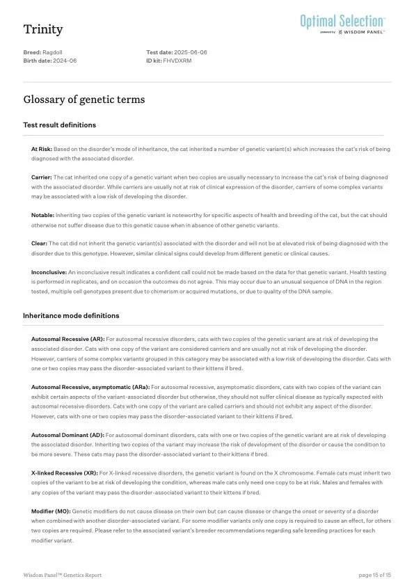 Genetics report page titled "Trinity" with details about a Ragdoll cat, including birth date and test date, and definitions of genetic terms and inheritance modes.