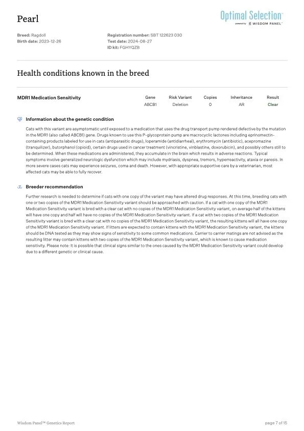 Genetic report for a Ragdoll cat named Pearl, born on December 26, 2023, showing health conditions, breeder details, and genetic testing results.