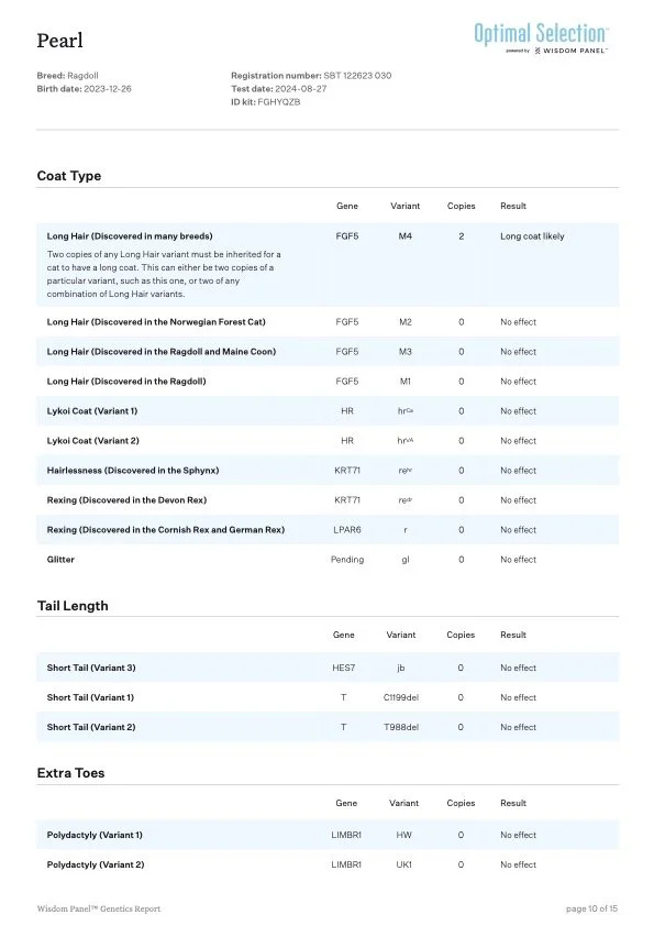 A genetic report document for a Ragdoll cat named Pearl, including details about coat type, tail length, and extra toes, with test results and gene variants listed.