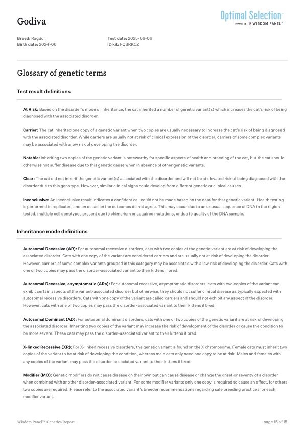 Genetics report page with breed, birth date, test date, and ID code details; includes glossary defining genetic terms such as At Risk, Carrier, Notable, Clear, Inconclusive, and inheritance modes like Autosomal Recessive, Autosomal Recessive, or ARa,