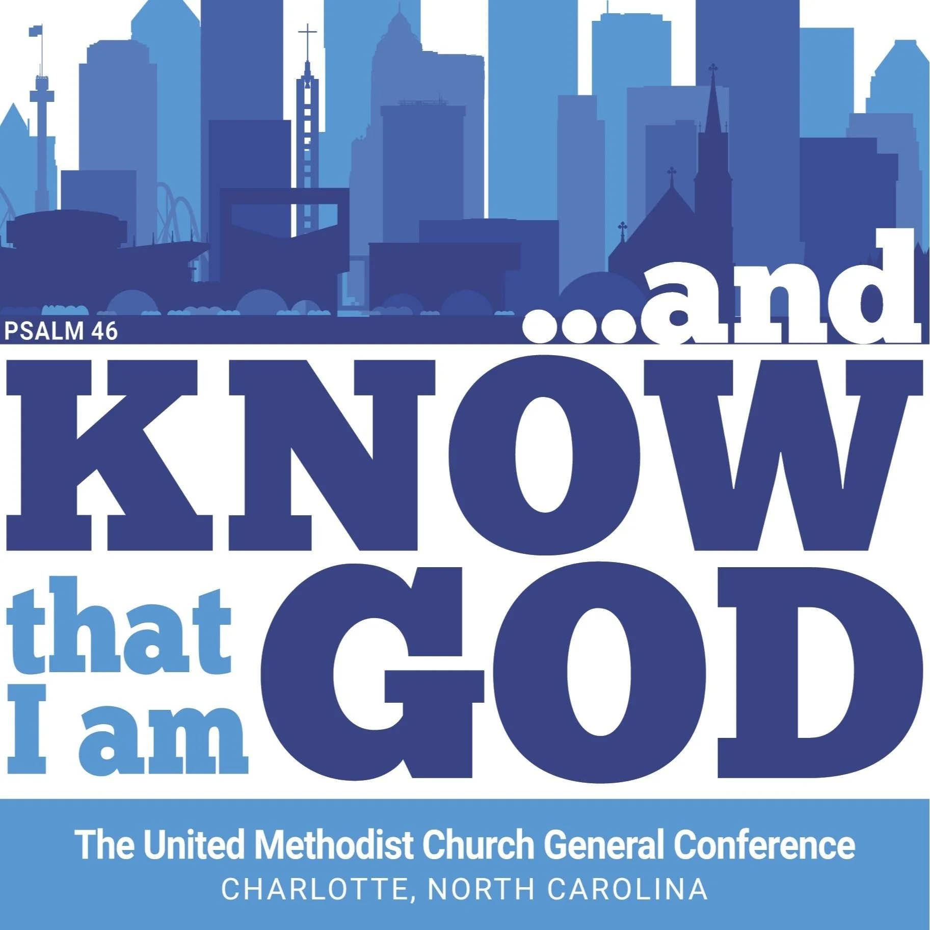 A stylized blue city skyline with churches and skyscrapers representing Charlotte, North Carolina, with overlaid text stating a religious message and conference details.