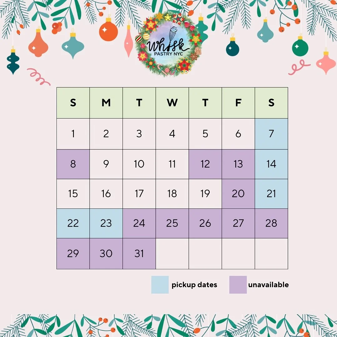 December is here, and it&rsquo;s going to be a busy one!
Because of the commitments I have for this month, I have limited pickup days for all your holiday treats.

Preorders are now open for ALL my pickup dates. Also added some important dates to rem