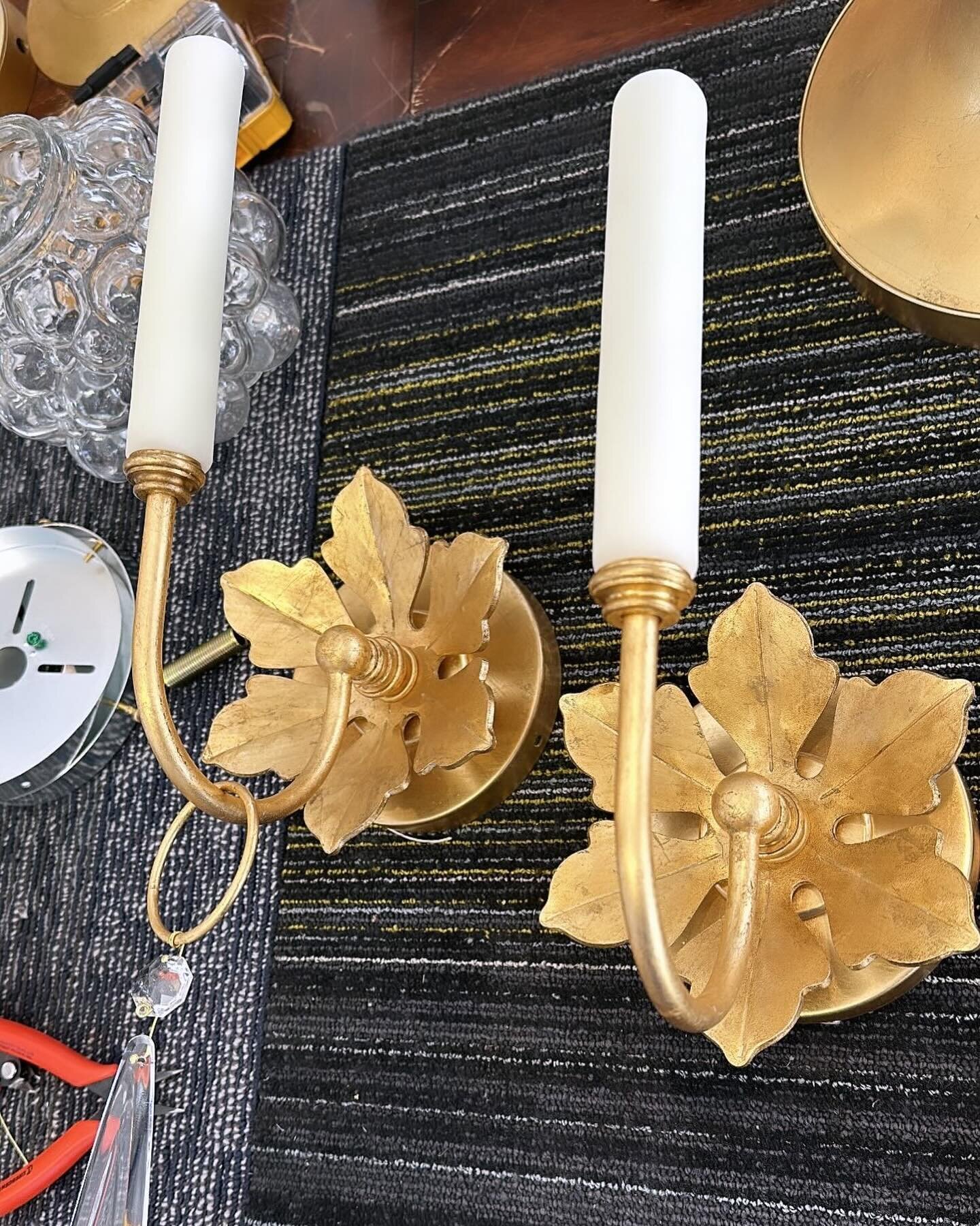 On the work bench yesterday! Custom hand gilded flower sconces with vintage prisms hanging below 🤍 #louisegaskilllighting