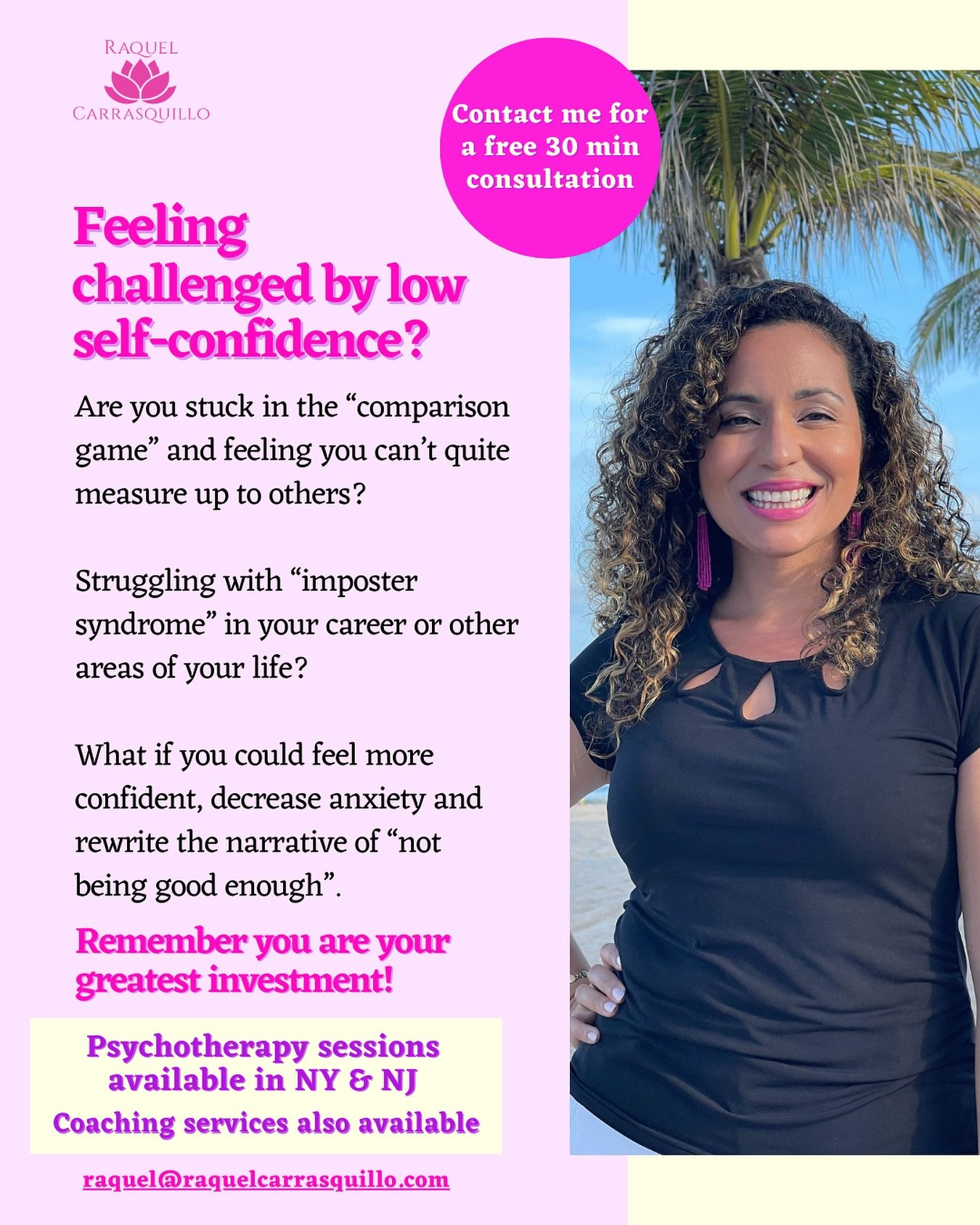 If you are looking to:
✨Build confidence &amp; heal your relationship with yourself
✨Transform self-limiting beliefs rooted in old narratives &amp; trauma
✨Be equipped with tools to reduce anxiety &amp; fear

Schedule your free 30 minute consultation