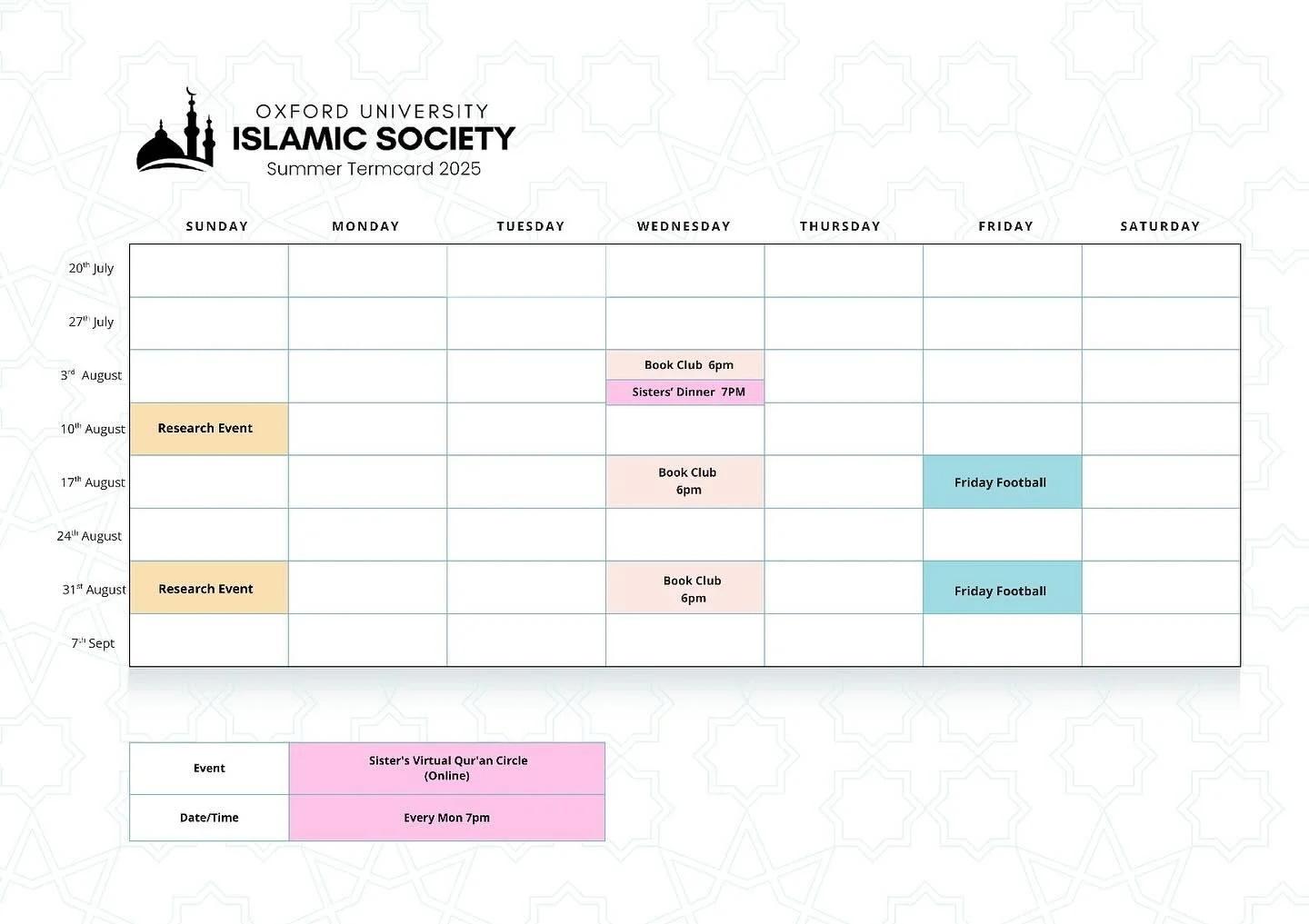 Oxford may be quieter during the summer, but we’re keeping the OUISoc spirit alive with some relaxed gatherings, insha’Allah!
Join our new Book Club and Research Circles – spaces to share reflections, ideas, and research projects ?