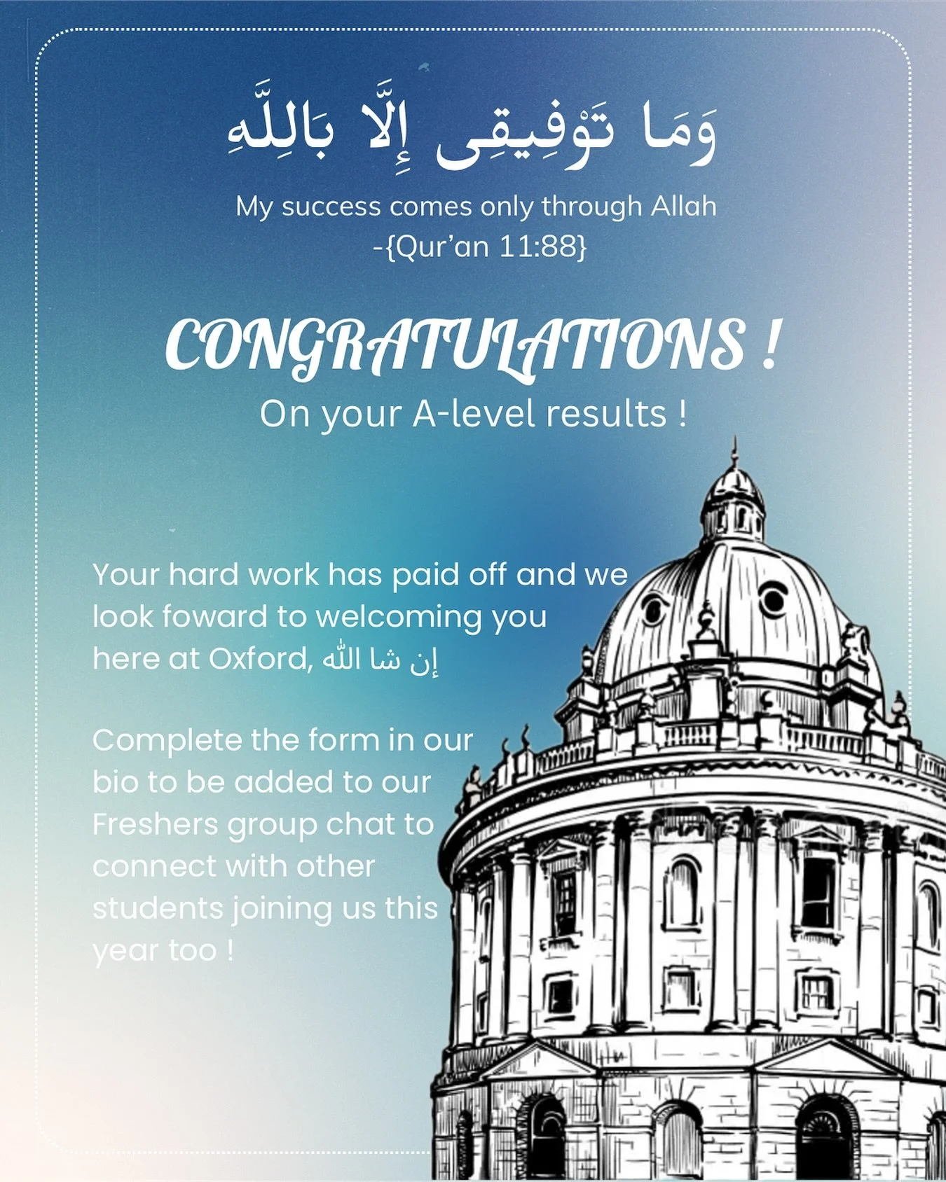 Asalamualaikum!
Congratulations to all students receiving their A-level results today ! 🎉 May Allah (SWT) continue to bless you with further successes in this exciting new chapter 🤲🌟
To those of you joining us, welcome to Oxford ! We can’