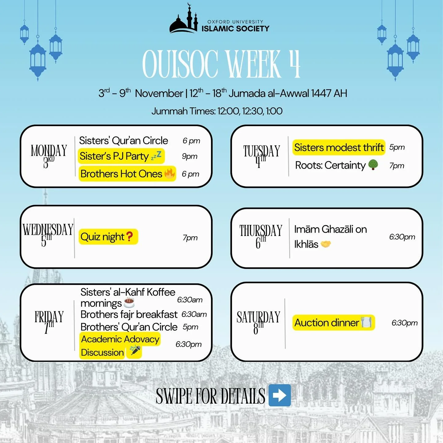 Week 4 Events! Charity Week 2025 💛 All proceeds raised for Human Aid and Adocacy&rsquo;s Gaza Appeal. General donation link in bio!