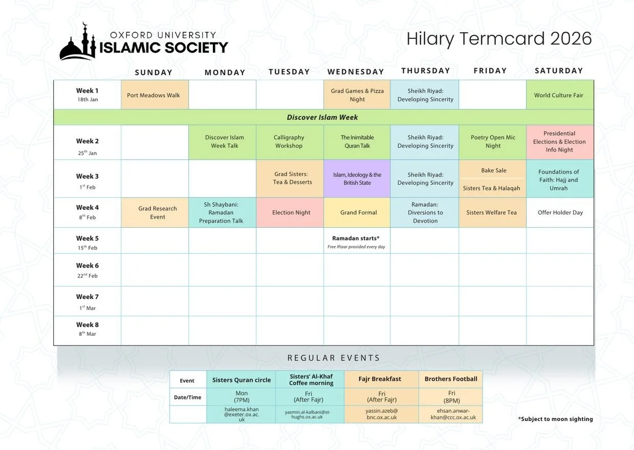 Our Hilary Term card is here!! 🌟 Lots of exciting events including Discover Islam week 🕌 and Ramadan to end of the term 🌙