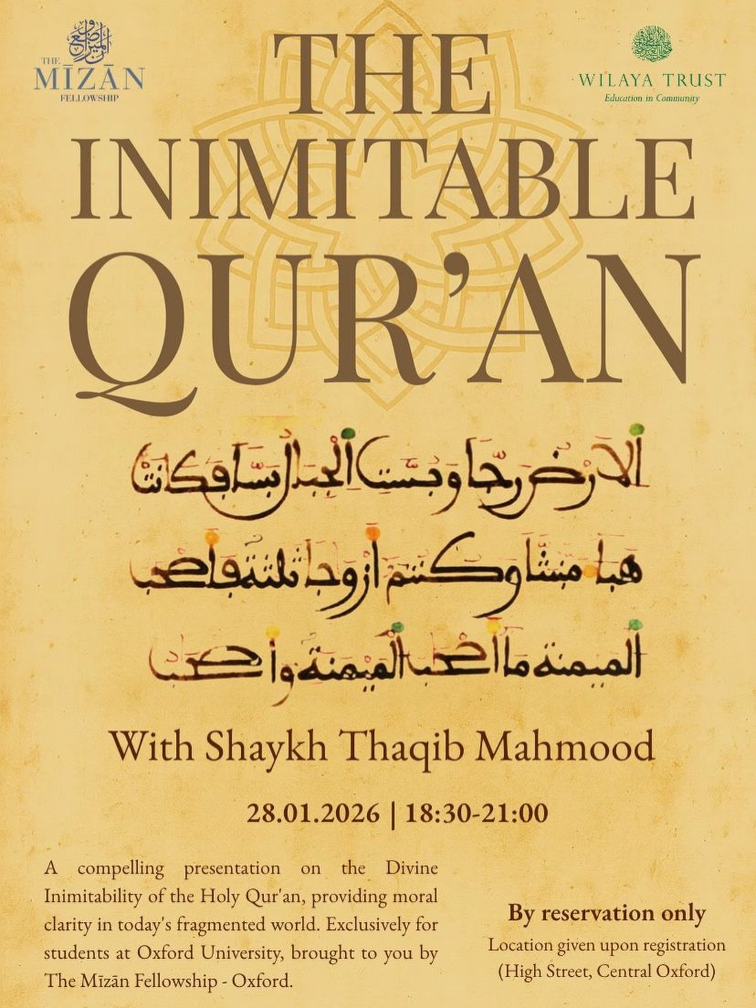As part of our important community work with the students of Oxford University, Wilaya Trust introduces The Mīzān Fellowship.

Exclusively for students at Oxford University, The Mīzān Fellowship presents the compelling evidence of the Divine Inimitab