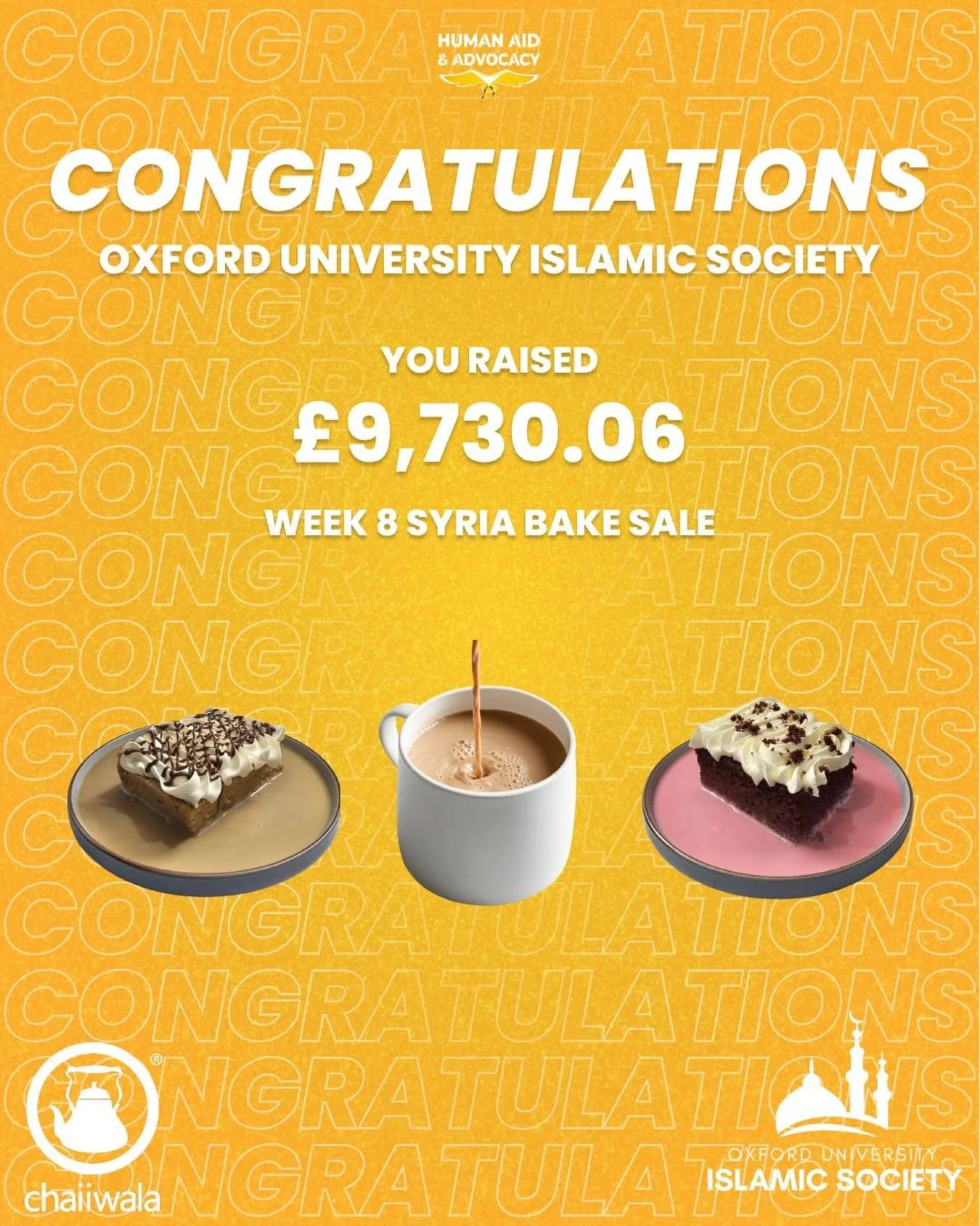 A huge thank you to everyone who donated and bought milk cakes and chai at the charity stall. Through your generosity, we raised a total of &pound;9,730.06. 🎉🎉🎉

All of this will go towards supporting families in Syria who have endured and given s