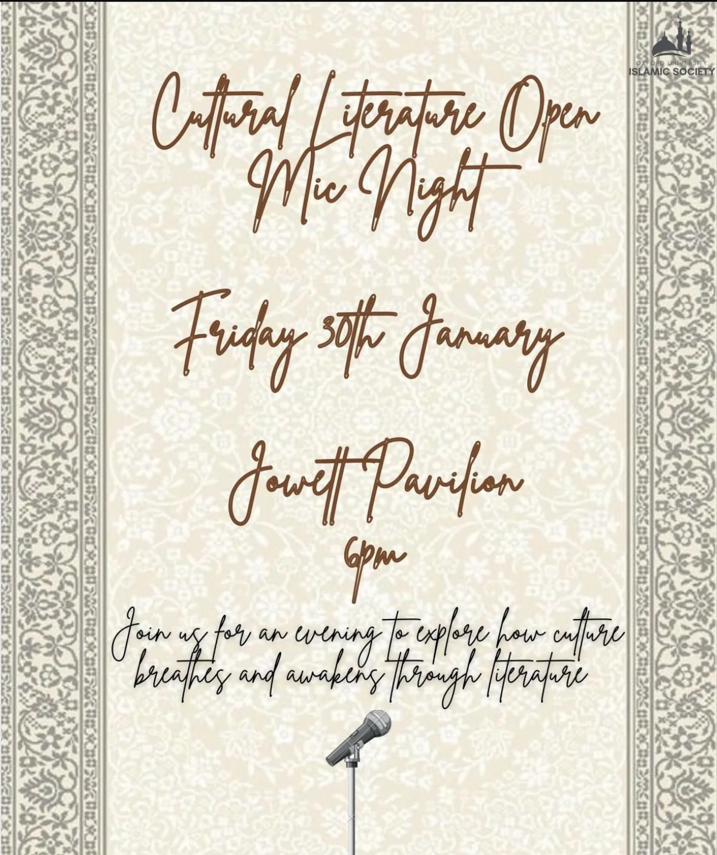 🎤✨ Cultural Literature Open Mic Night ✨🎤

Join OUISOC for an inspiring evening of *culture, storytelling, and the written word 🌍📖

Come enjoy powerful poetry, prose and spoken word that explores identity, heritage, and lived experiences 🔥

See y