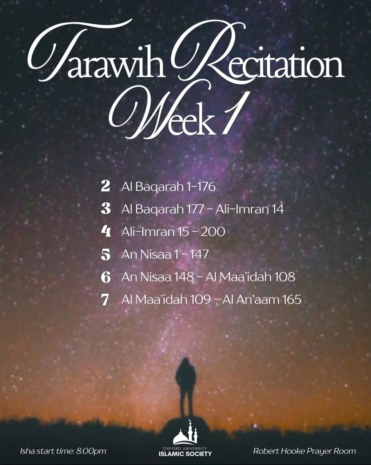 Taraweeh schedule for Ramadan 2026 / 1447🌙🌌