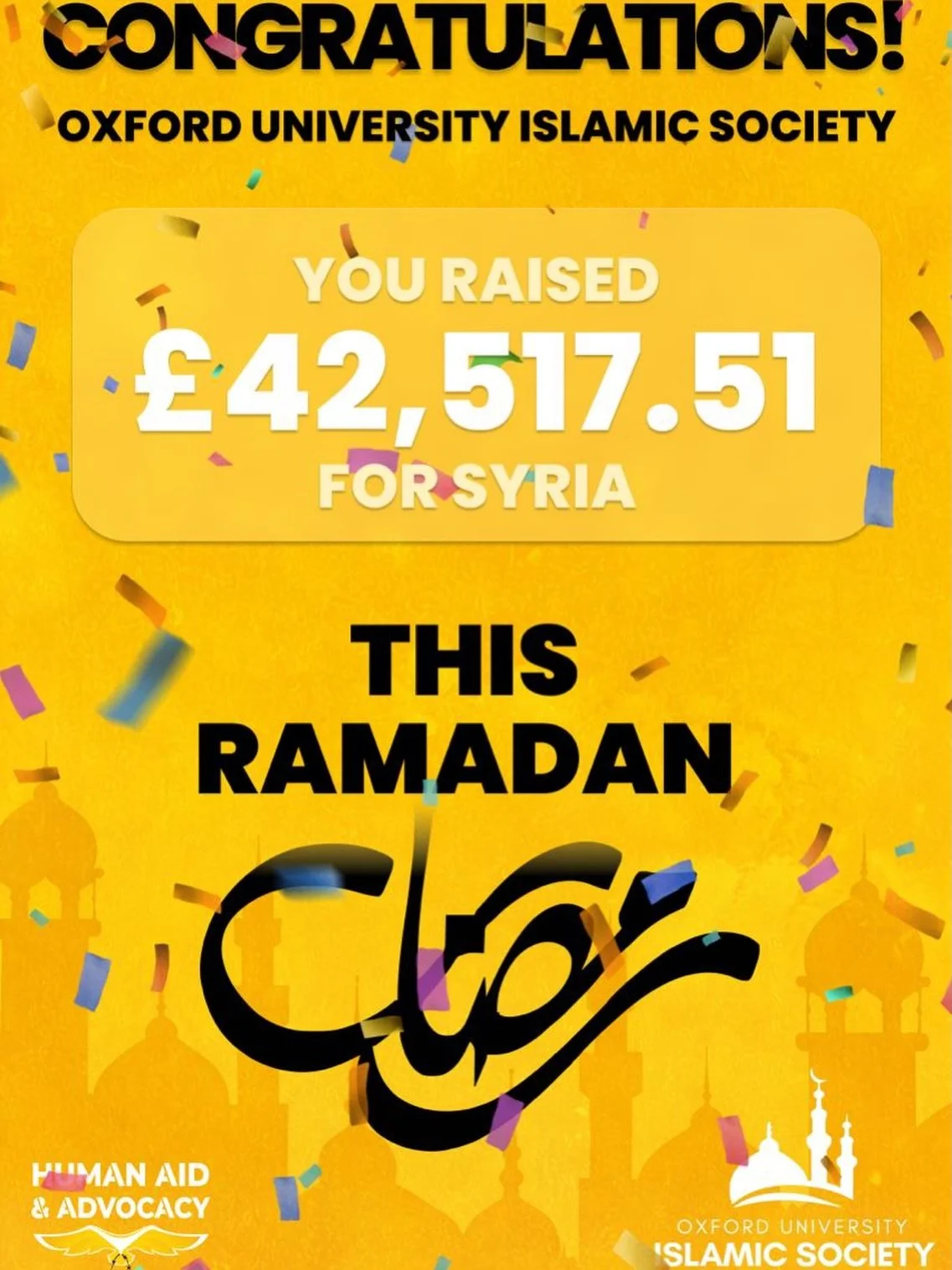Eid Mubarak! 🌙✨

Jazakum Allahu khayran for your incredible generosity this Ramadan. Through your donations, OUISoc has been able to raise an amazing ‼️&pound;42,517.51‼️to provide urgent humanitarian aid to families in Syria.

May Allah accept it f
