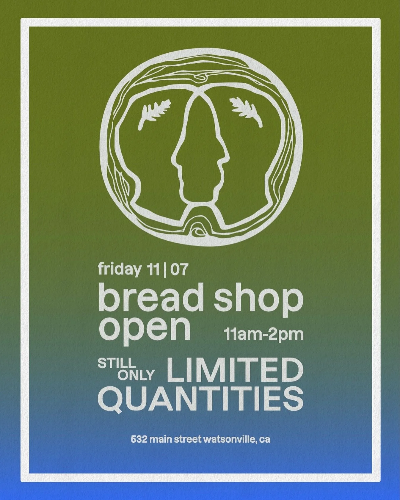 we&rsquo;re getting the shop ready, big things coming. 
more bread available soon.

until then, thanks so much for the early support!

shop open, friday 11 | 07 &mdash;&mdash; 11a - 2p