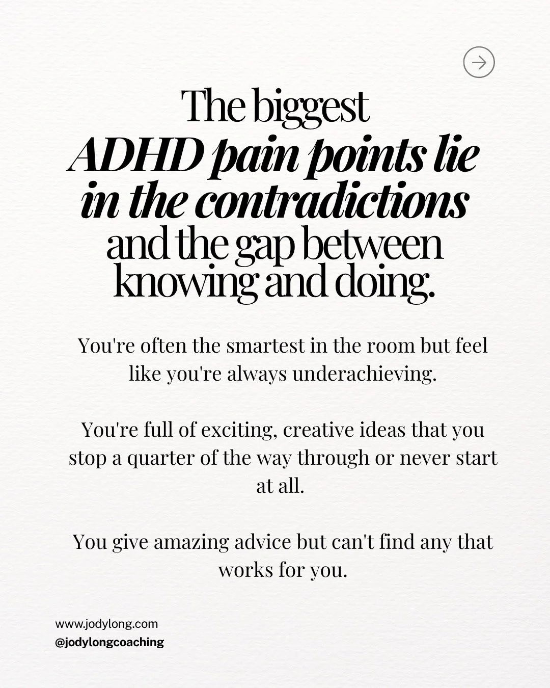 Get on the waitlist for my new free masterclass: From Knowing to Doing: The missing piece for women with ADHD. See link in bio or visit: https://jodylong.myflodesk.com/masterclass