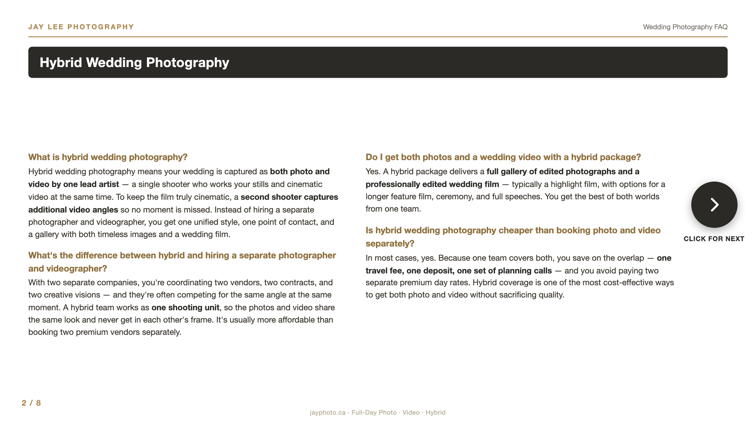 Page from a wedding photography FAQ article titled 'Hybrid Wedding Photography' with text explaining hybrid wedding photography and related topics.