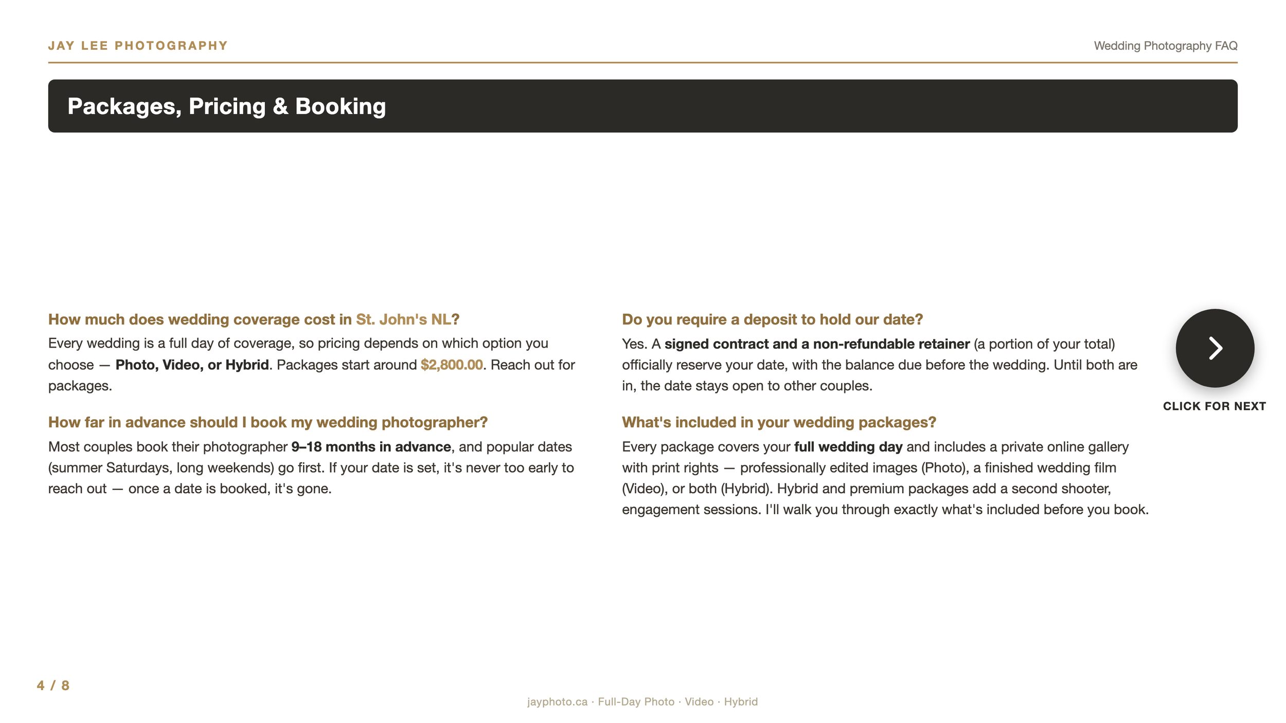 A webpage from Jay Lee Photography's wedding FAQ section, discussing packages, pricing, and booking details, including costs, booking timeline, and wedding package content.