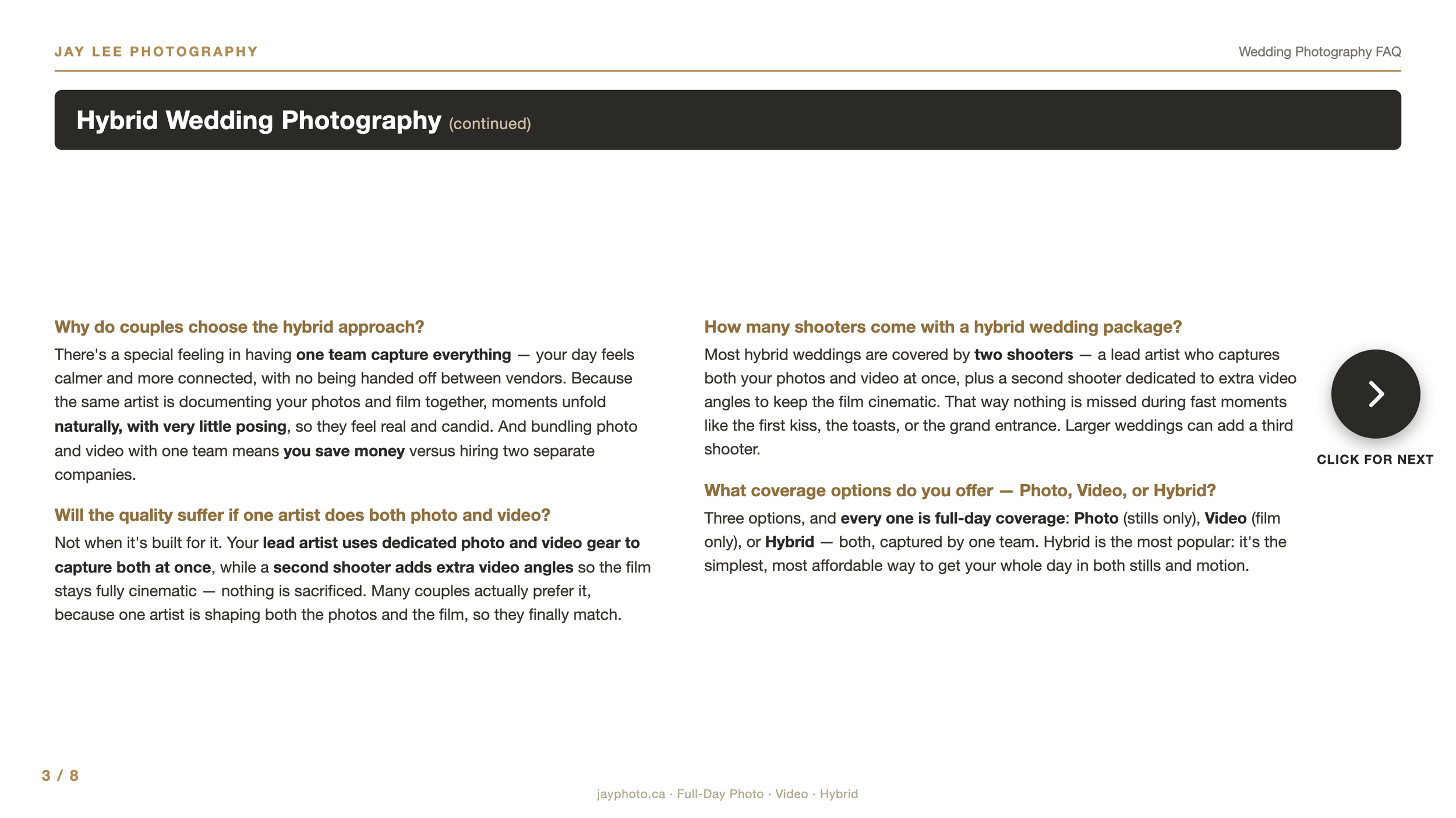 Screenshot of a webpage from Jay Lee Photography with an article about hybrid wedding photography, covering topics like why couples choose hybrid approach and the number of shooters included in a hybrid wedding package.