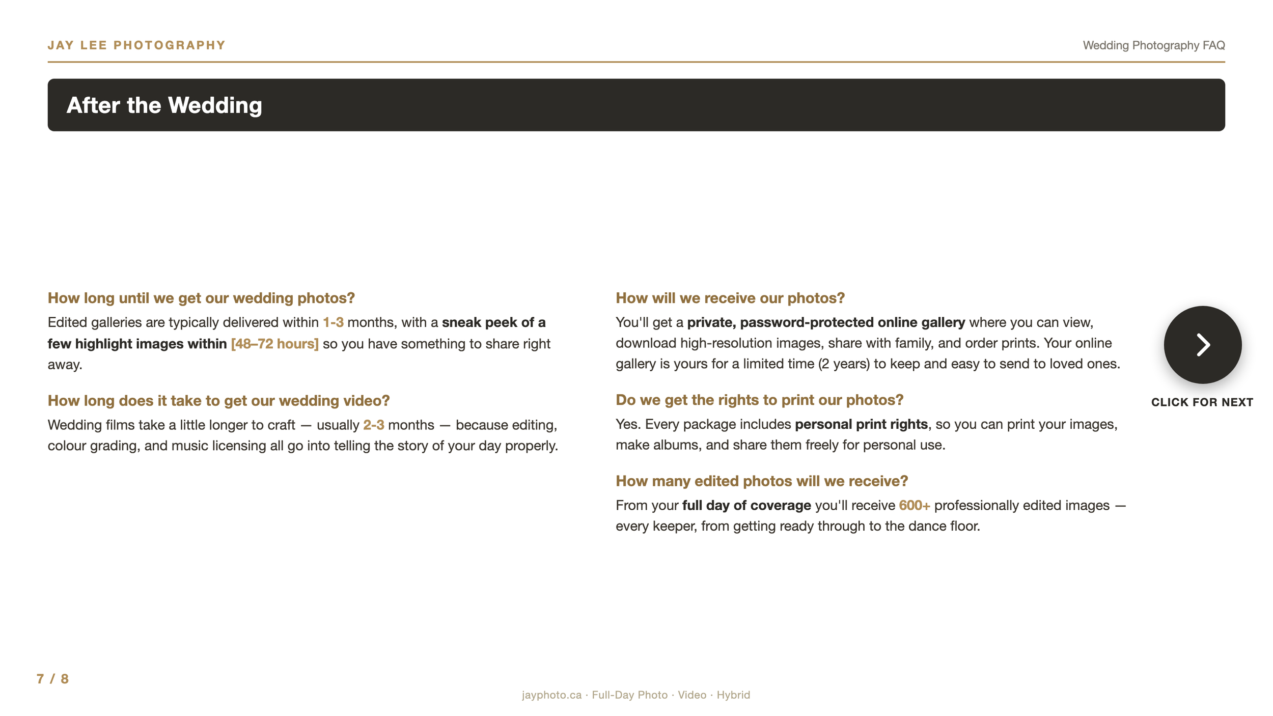 Digital screenshot of a wedding photography FAQ webpage with information on post-wedding photo delivery, video editing time, online gallery access, personal print rights, and number of edited photos received, with page navigation controls.