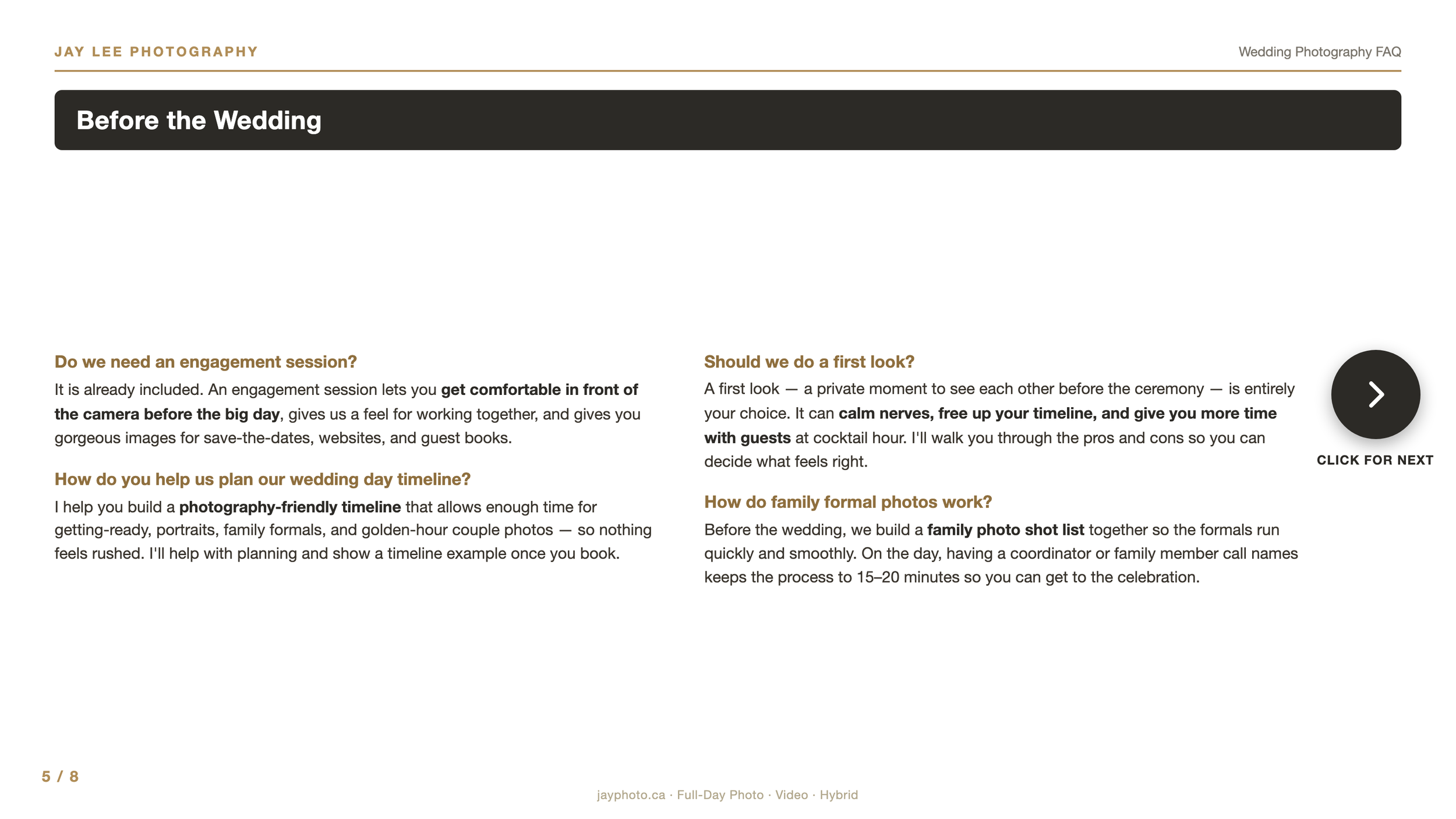 A screenshot of a webpage by Jay Lee Photography titled "Before the Wedding," with sections discussing engagement, timeline planning, first look, and family photos for wedding preparation.