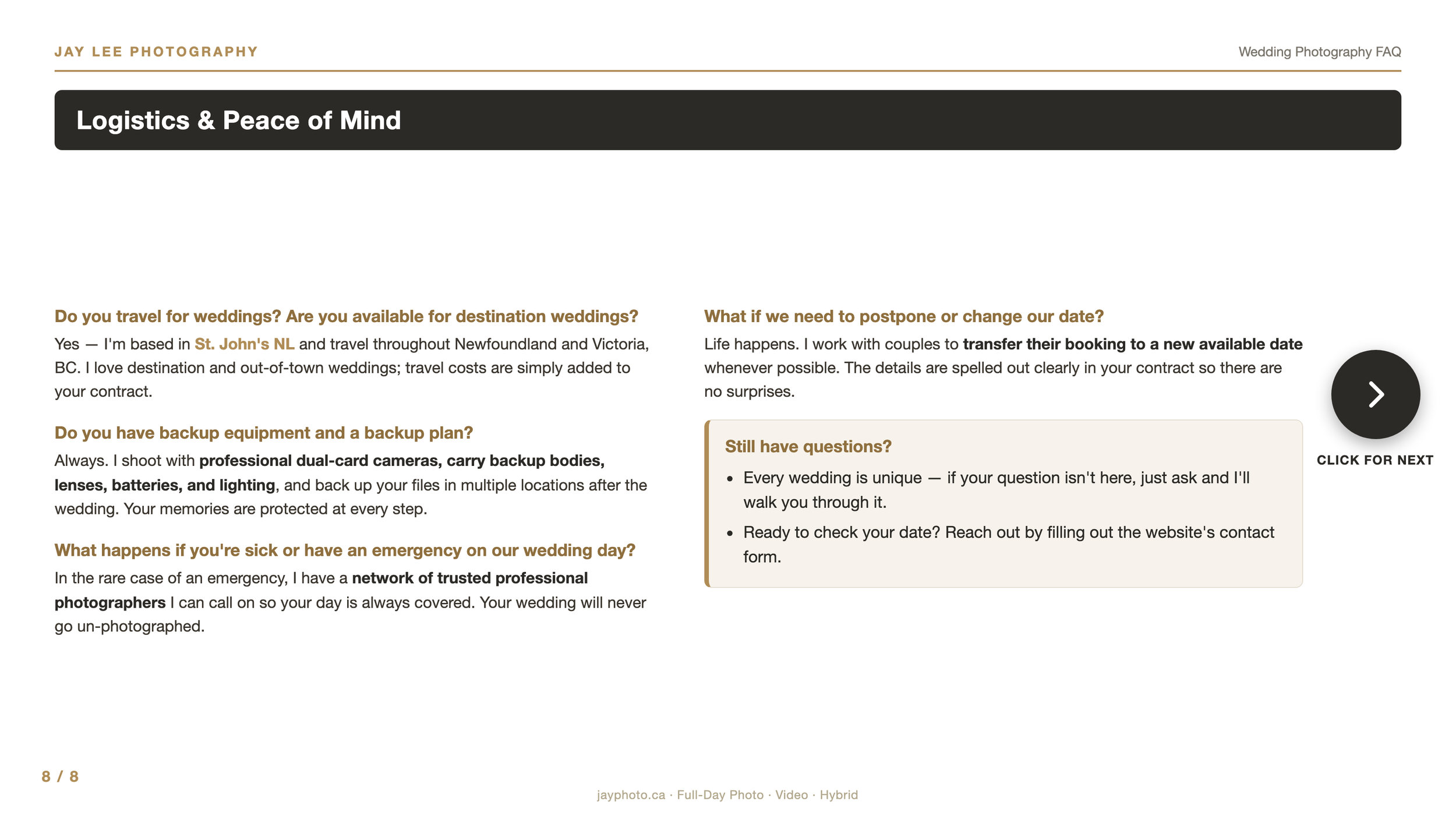 Screenshot of wedding photography advisory webpage with FAQs about logistics and peace of mind.
