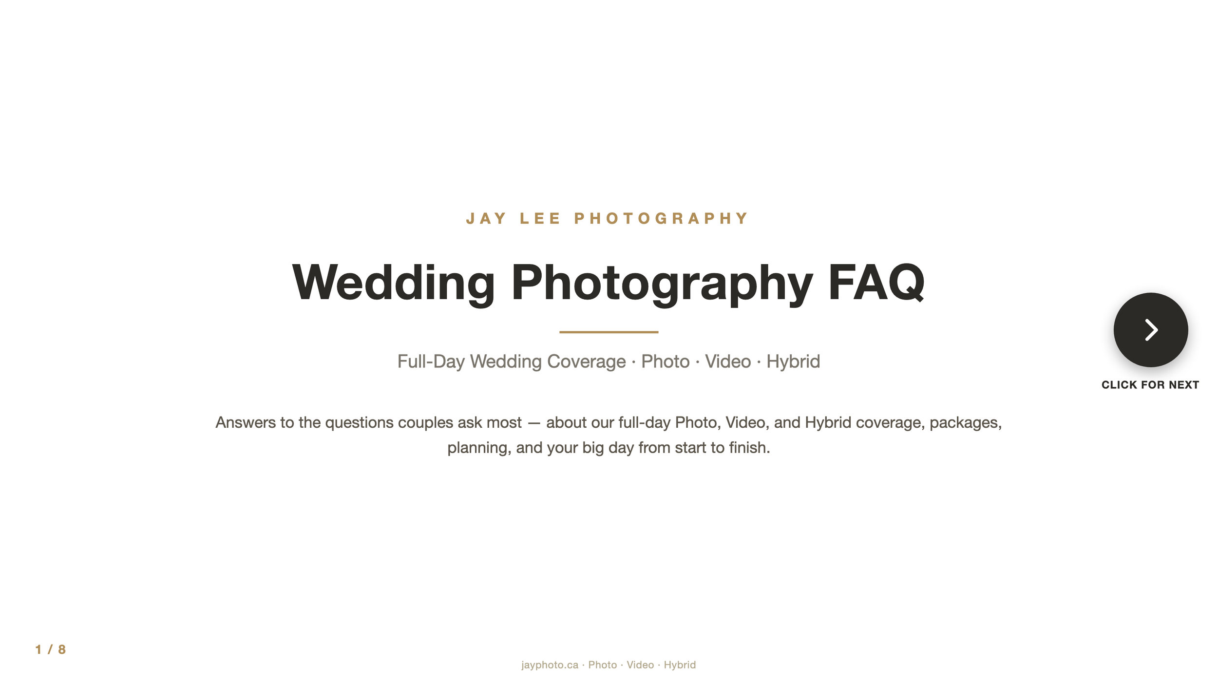 Screenshot of a website page titled 'Wedding Photography FAQ' by Jay Lee Photography, offering full-day wedding coverage, photo, video, hybrid packages, and planning information.