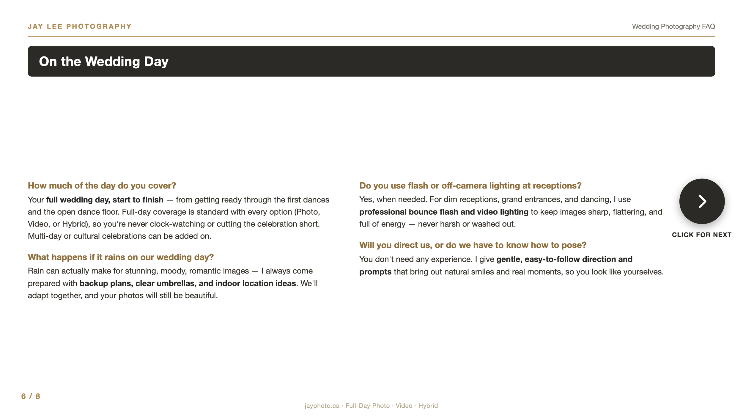 Wedding photography FAQ page from Jay Lee Photography website, with sections discussing on the wedding day coverage, weather considerations, lighting at receptions, and posing tips.